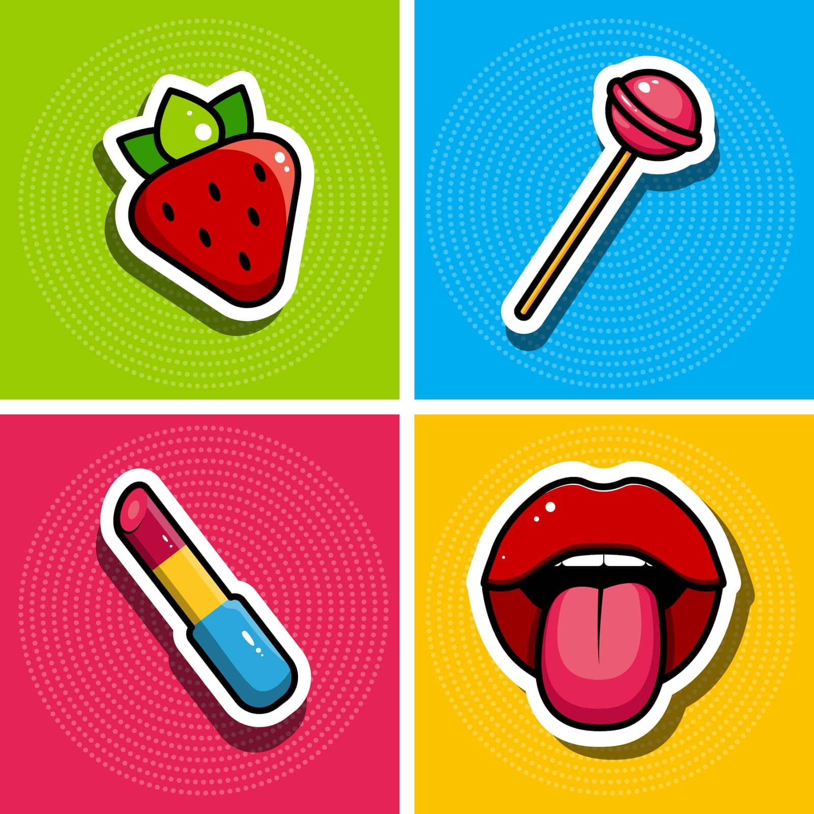 Mini set of stickers in pop art style. And an illustration of red lips, ice cream in a waffle cup, bomb, yellow lightning.