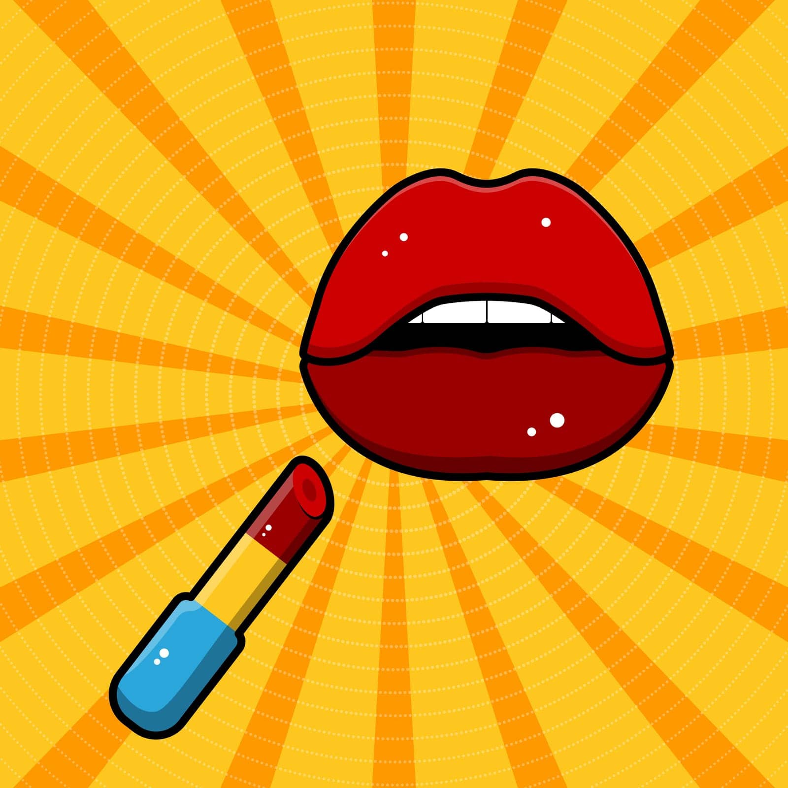 Pop art image of red lips and lipstick. Vector illustration.