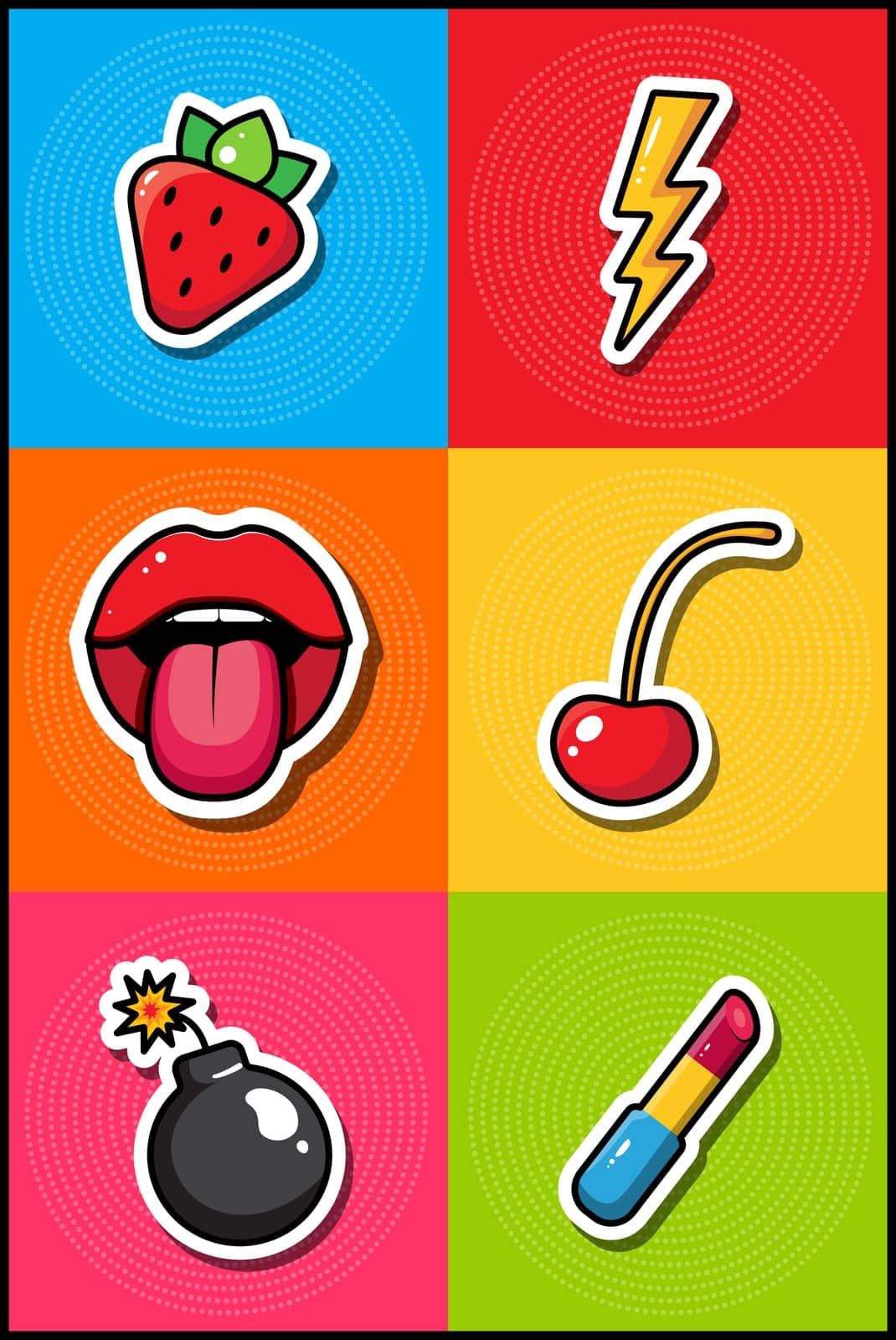 Vector set of images in pop art style. Sticker pack lips and lollipop, strawberry and, cherry and lipstick. On a colorful retro background. Stickerpack, banner, poster.