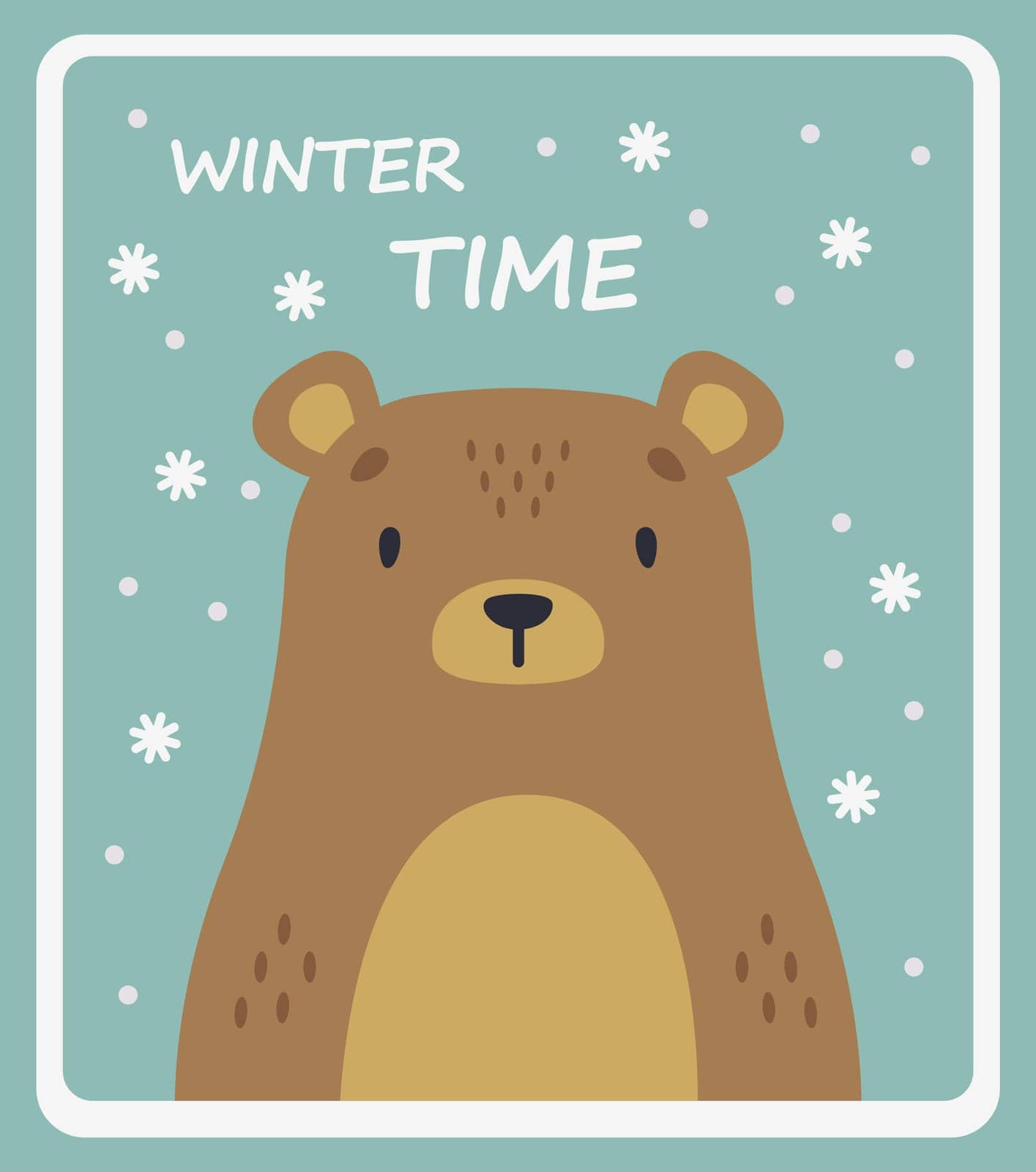 Cute brown bear on a snowy background. Cartoon winter poster. Vector postcard
