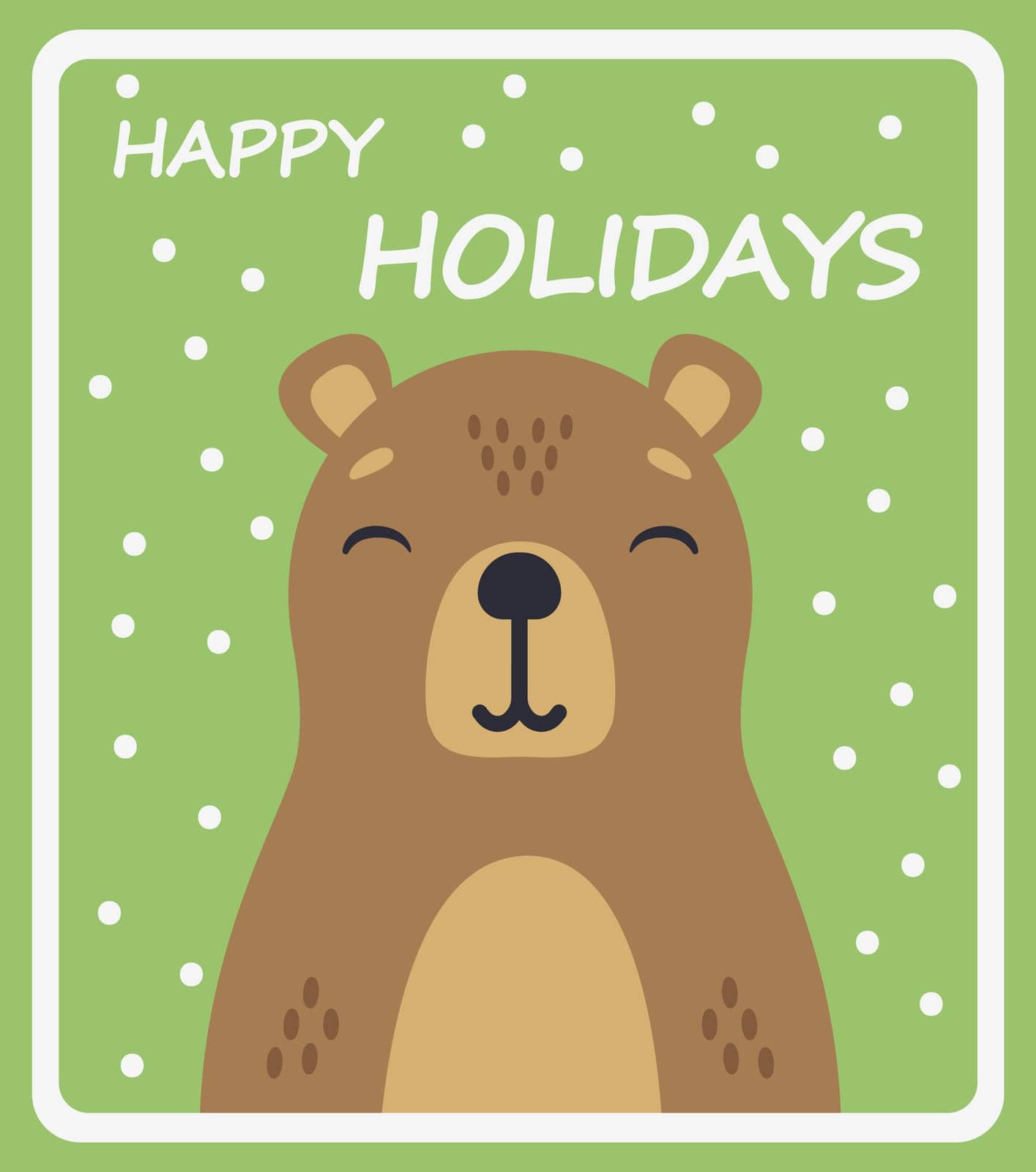 Cute capybara on a green snowy background. Cartoon winter poster. Vector postcard
