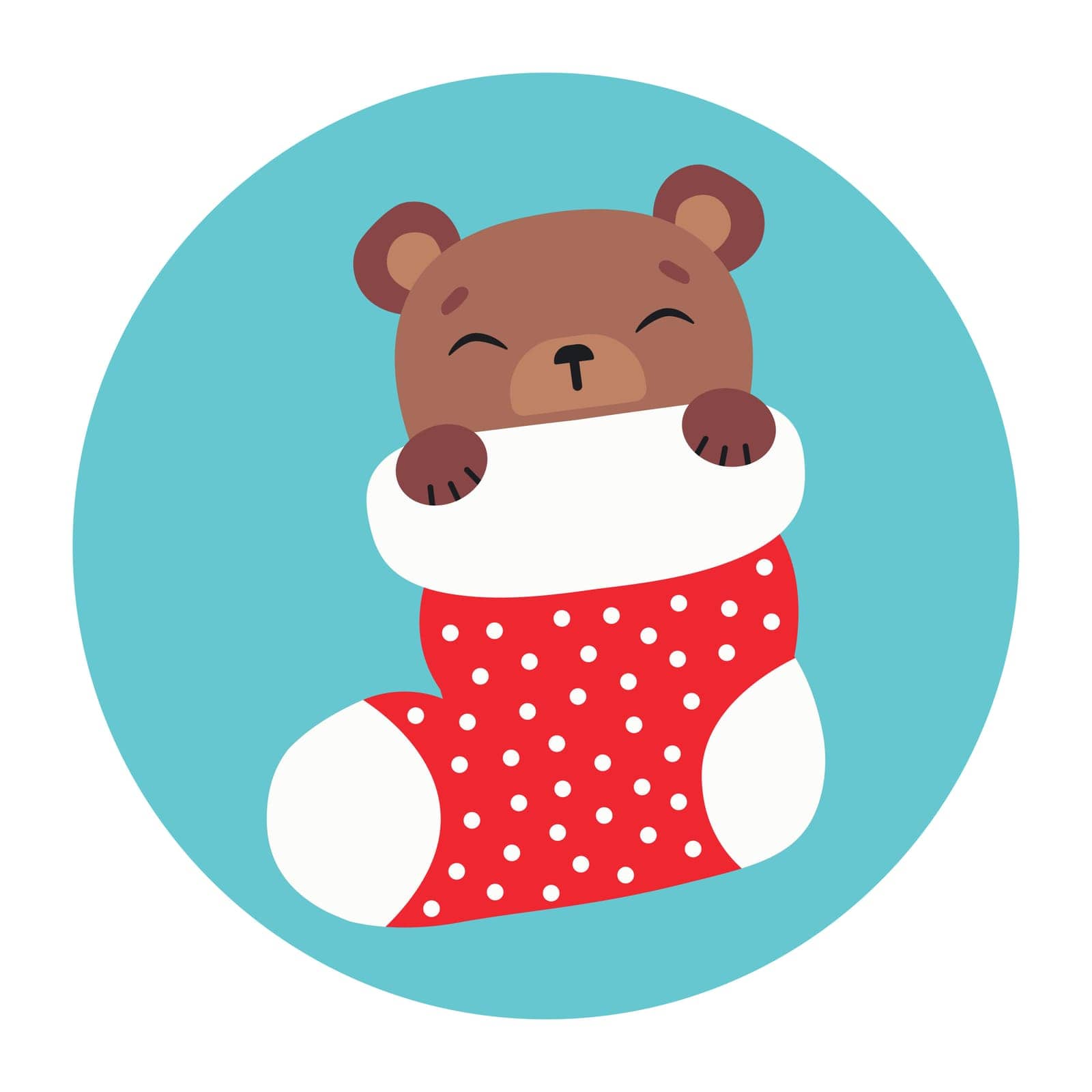 Cute bear sleeps in a Christmas stocking. Happy Holidays. Winter animal. Vector illustration
