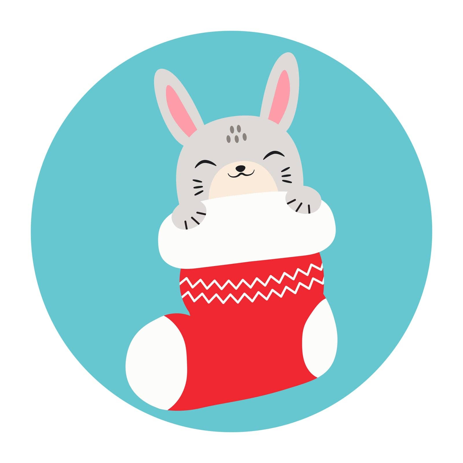 Cute hare sleeps in a Christmas stocking. Happy Holidays. Winter animal. Vector illustration