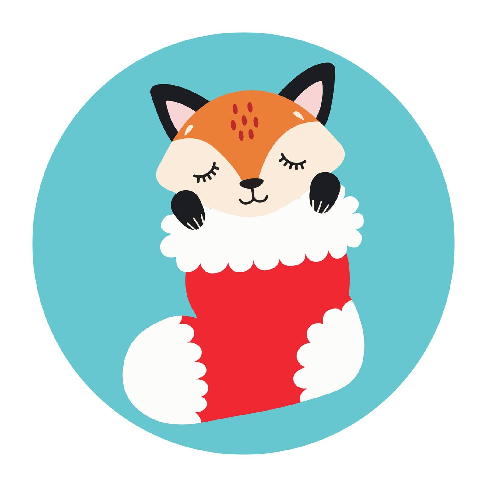 Cute little fox sleeps in a Christmas stocking. Happy Holidays. Winter animal. Vector illustration