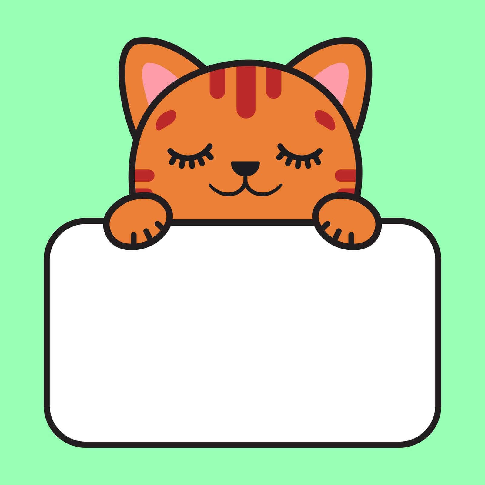 The red cat is sleeping. The cat is holding a card. Childrens stickers. Stickers for notepad. Vector illustration