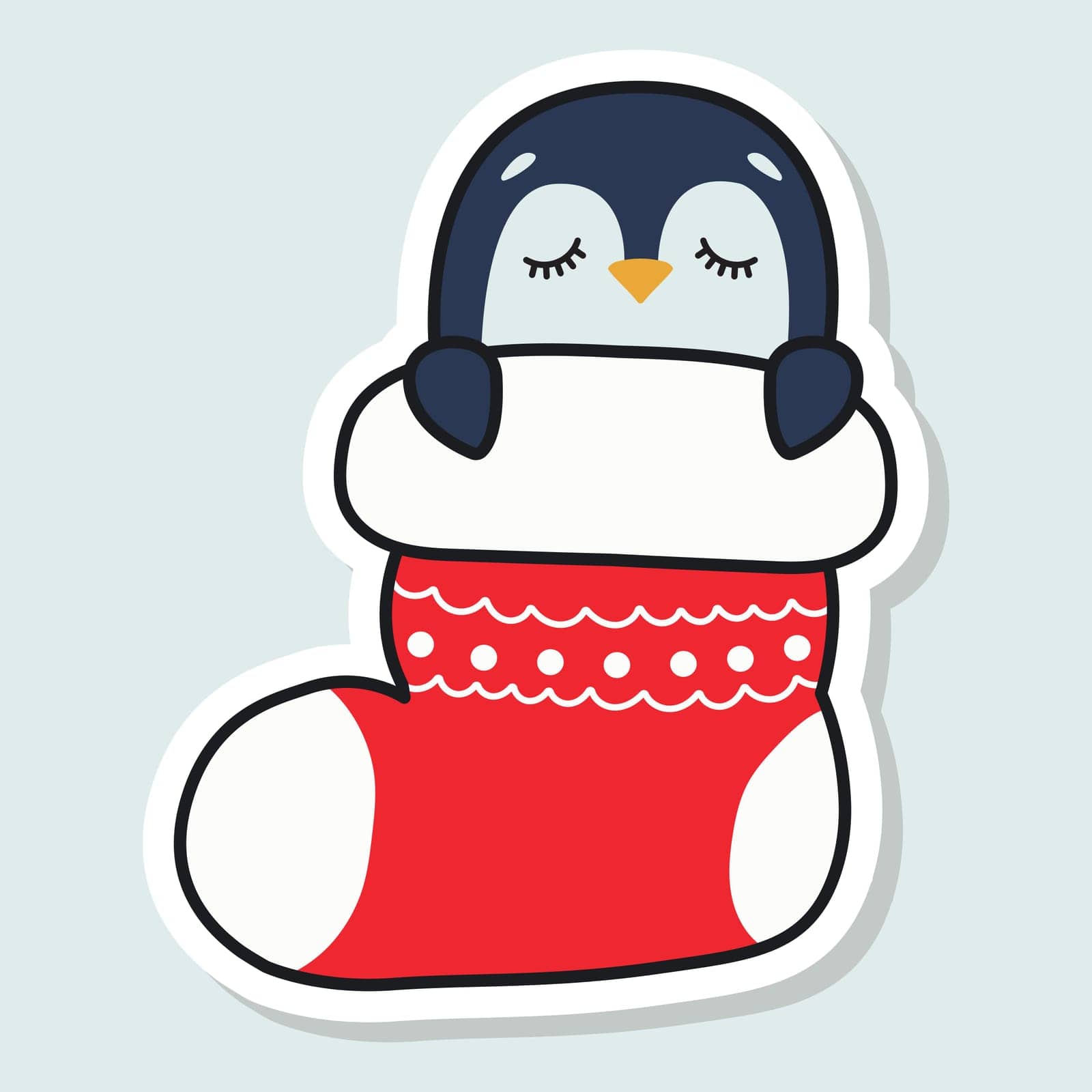 Cute penguin sleeps in a Christmas stocking. Happy Holidays. Winter animal. Vector illustration