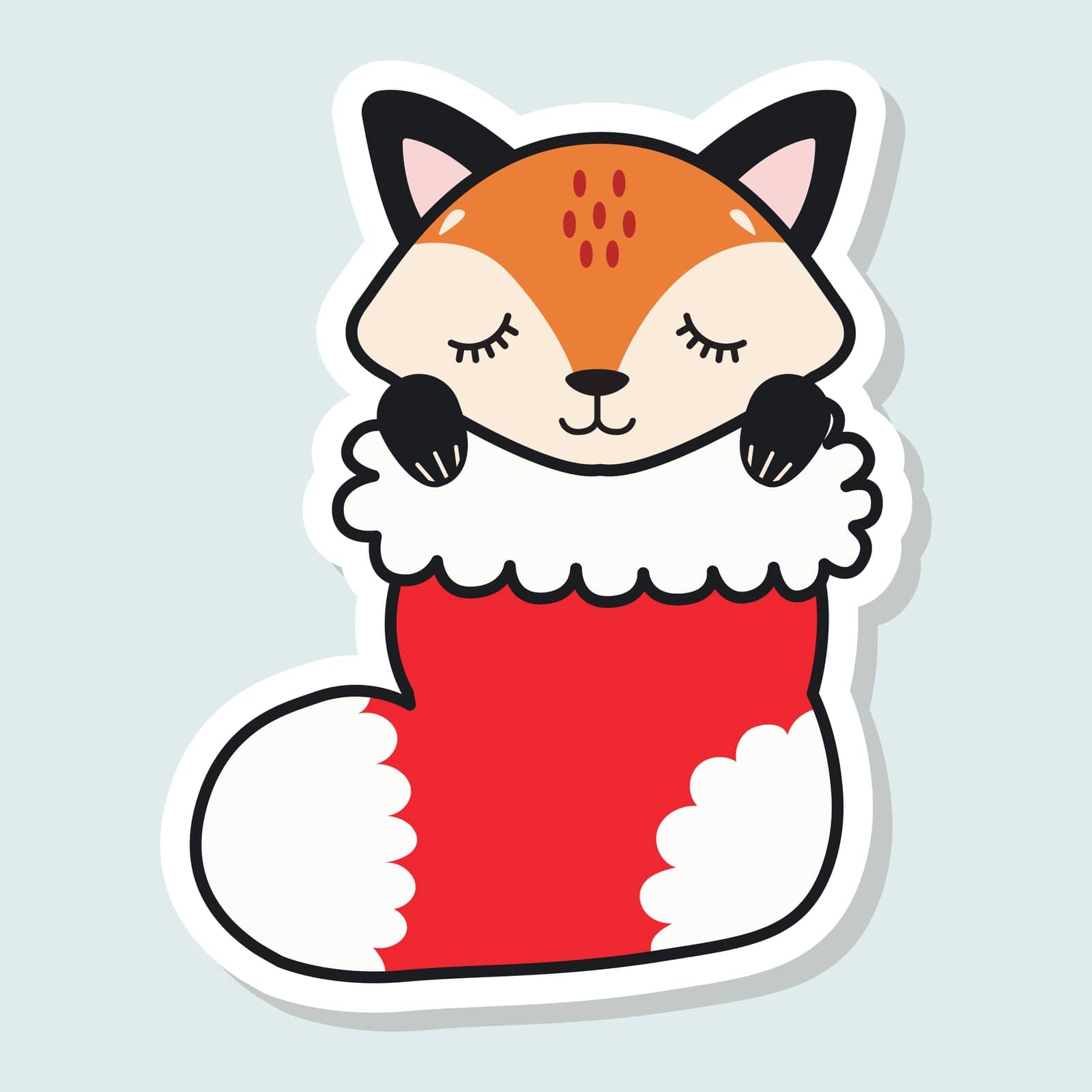 Cute little fox sleeps in a Christmas stocking. Happy Holidays. Winter animal. Christmas sticker. Vector illustration