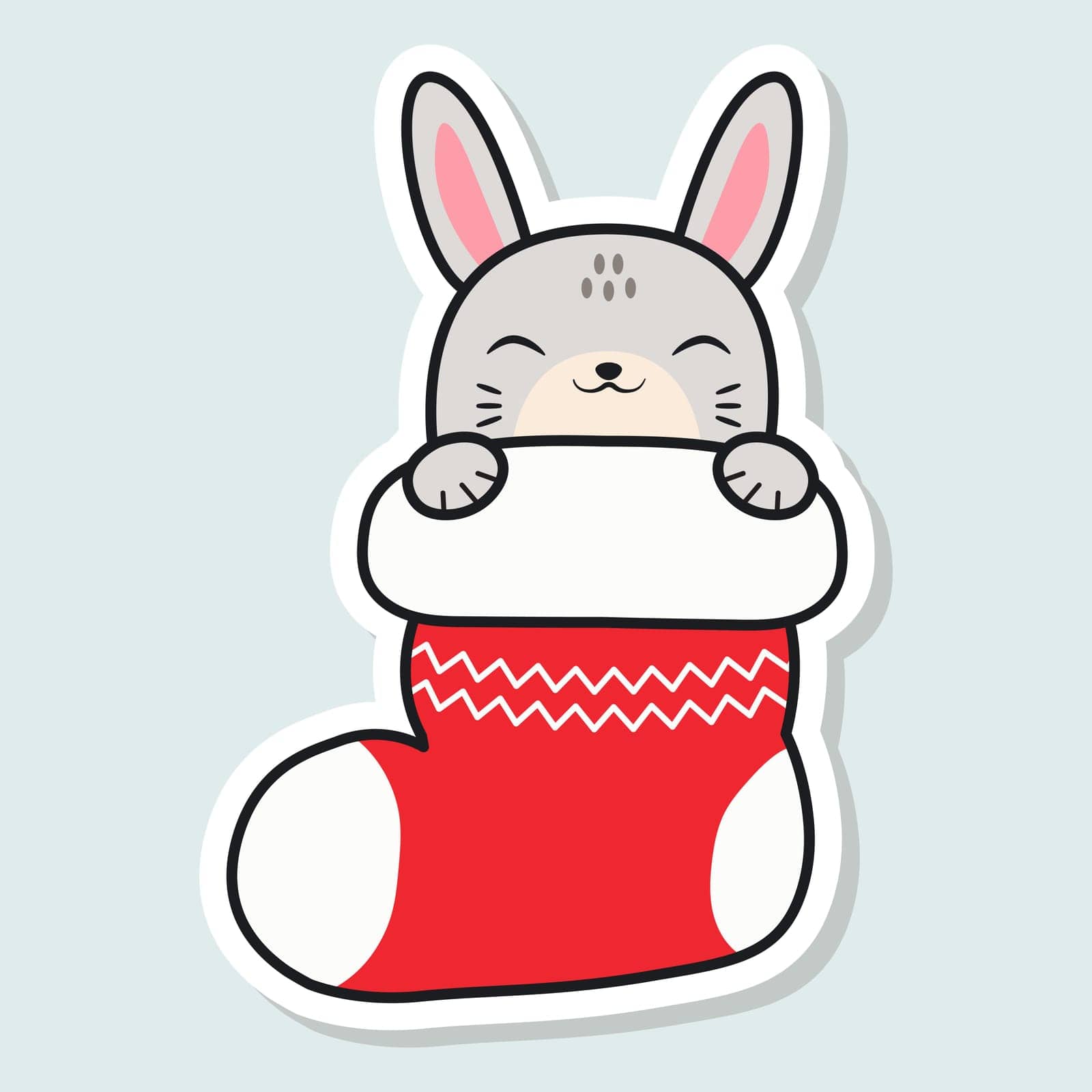 Cute hare sleeps in a Christmas stocking. Happy Holidays. Winter animal. Christmas sticker. Vector illustration