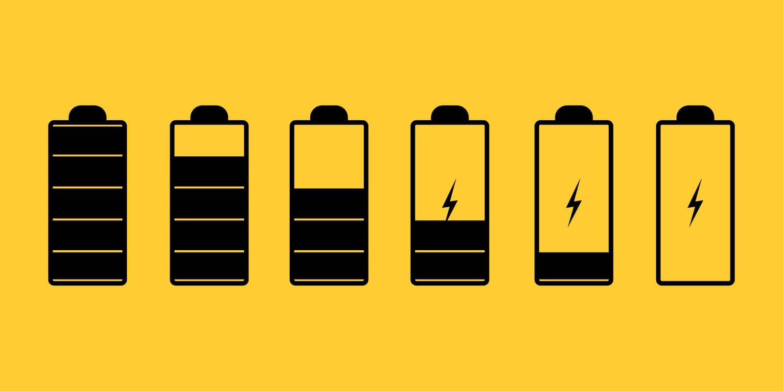 Set of illustrations comparing full and low battery. Black and Yellow color. Vector icon