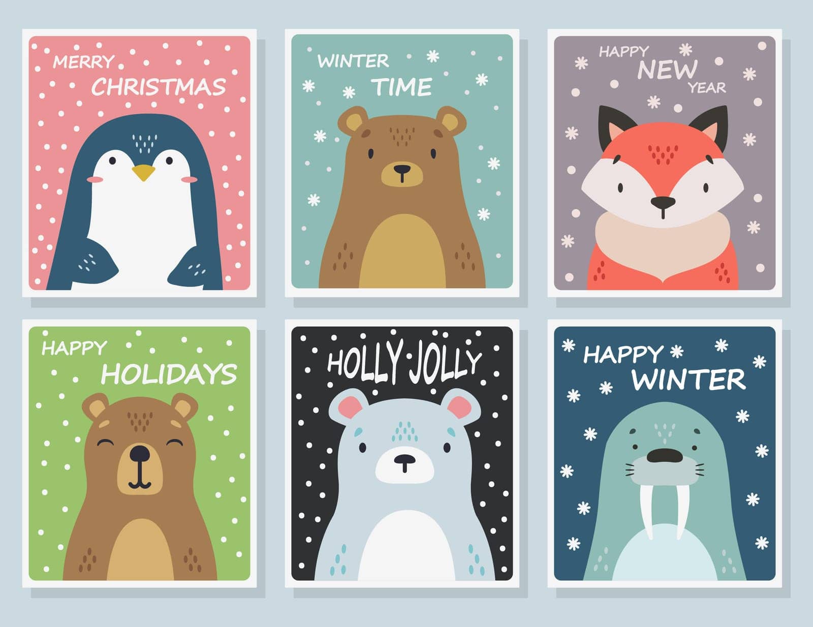 A set of cards on the theme of winter. Christmas cards. Winter animals. Vector illustration