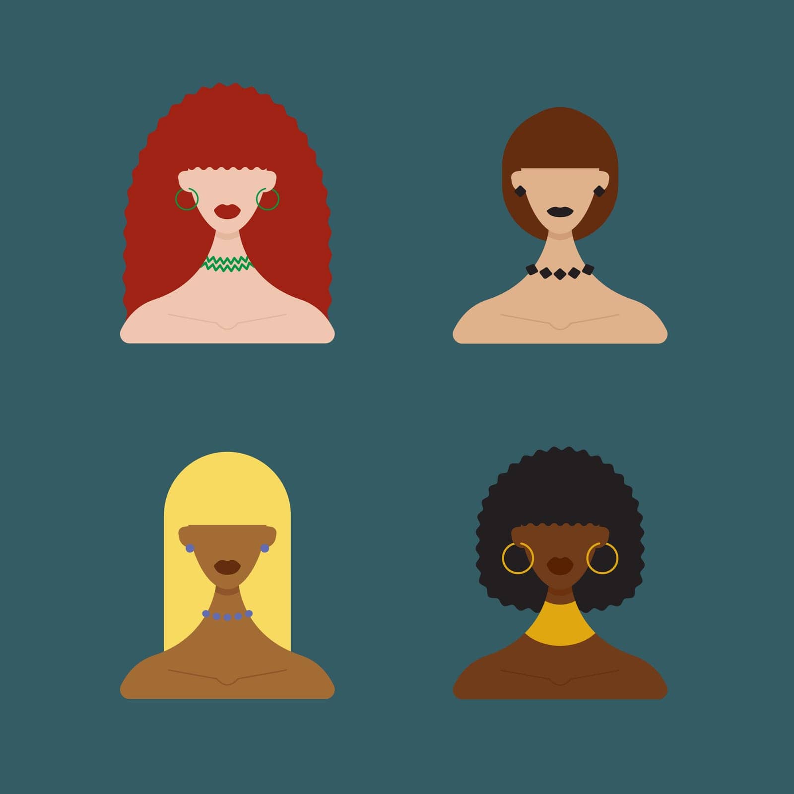 Illustration of four women with different skin colors and different hair colors.