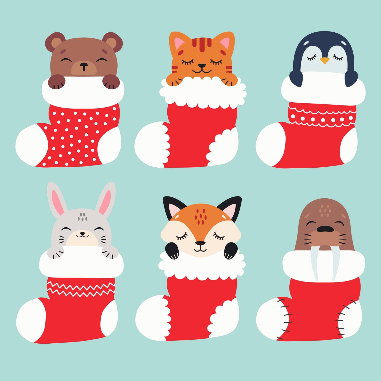 Set of Christmas stockings. Animals sleep in Christmas stockings. Christmas gift. Vector illustration