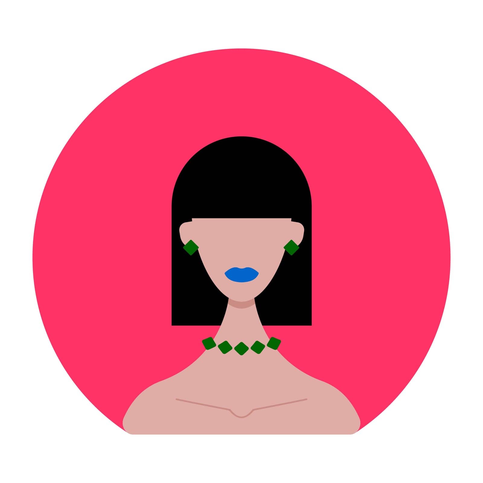 Icon of a black-haired woman with a short haircut with emerald jewelry on a blue oval background. by MeinLieben