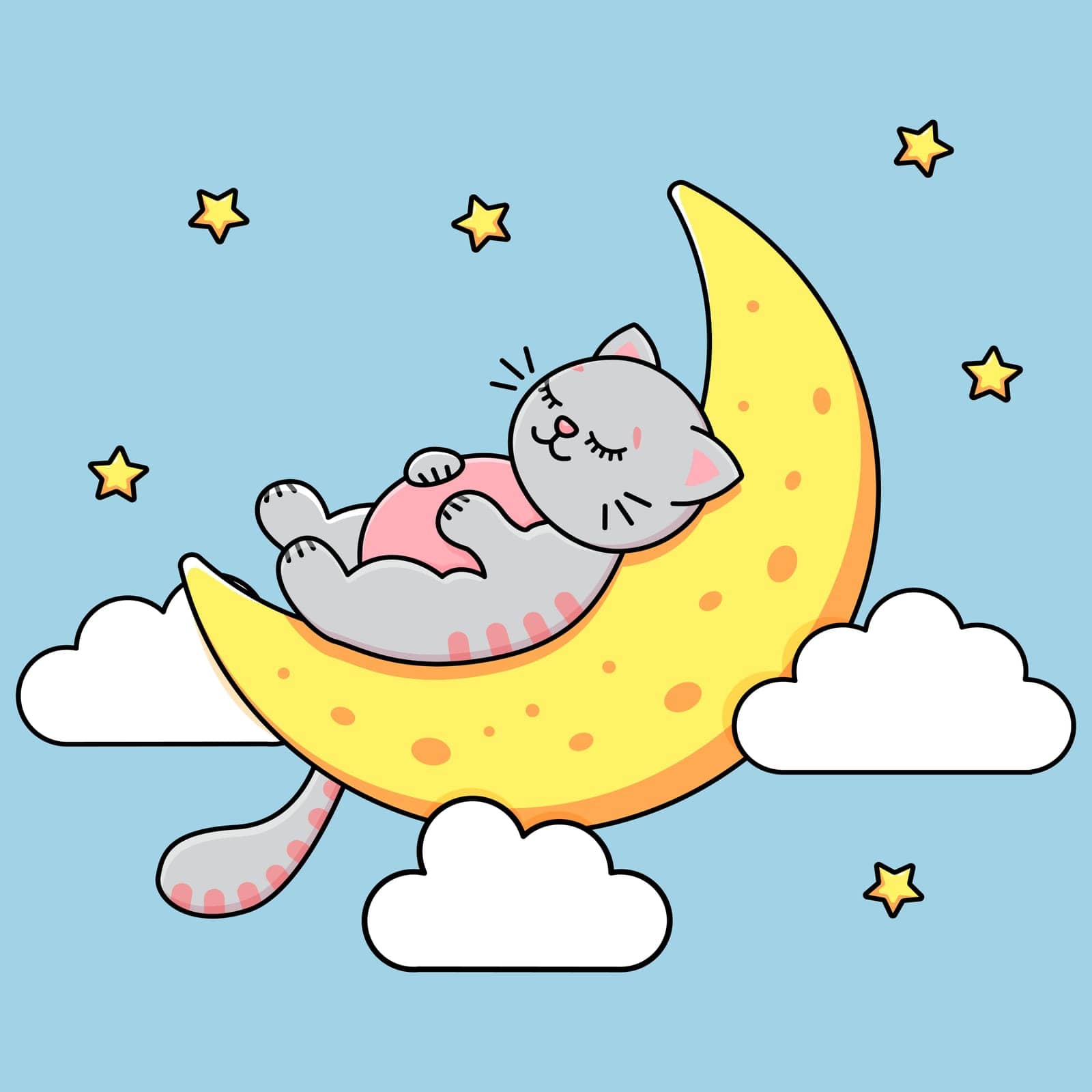 The gray cat sleeps on the moon. Sky stars and clouds. Childrens print. Vector illustration
