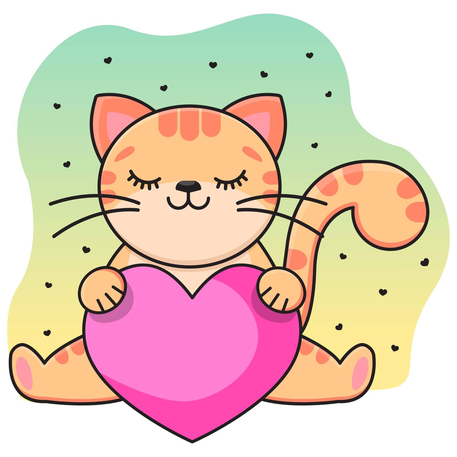 A gray smiling cat holds a red heart in its paws. Childrens print. Vector illustration.