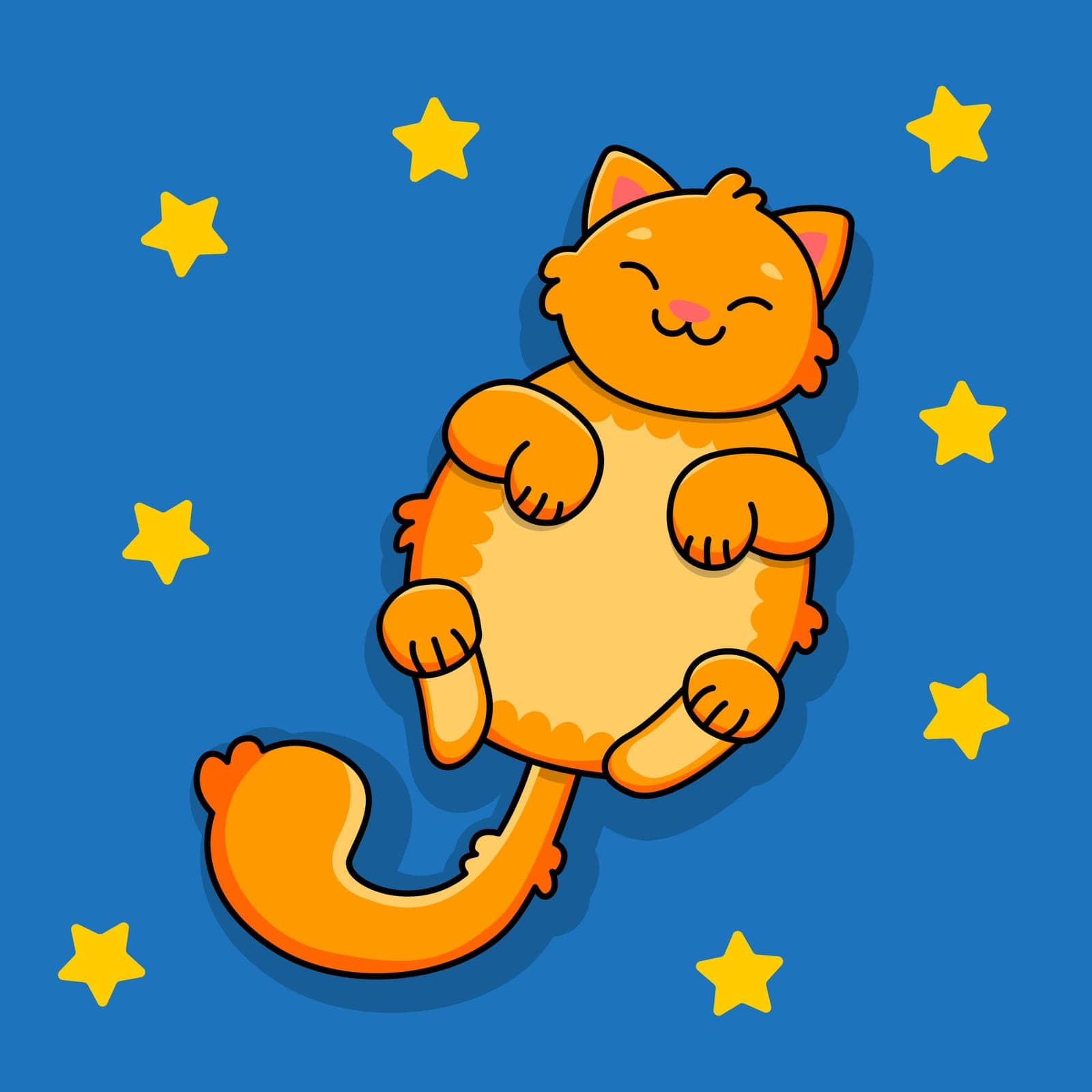 Sleeping smiling ginger cat on a blue background. Blue sky and yellow stars. Vector illustration