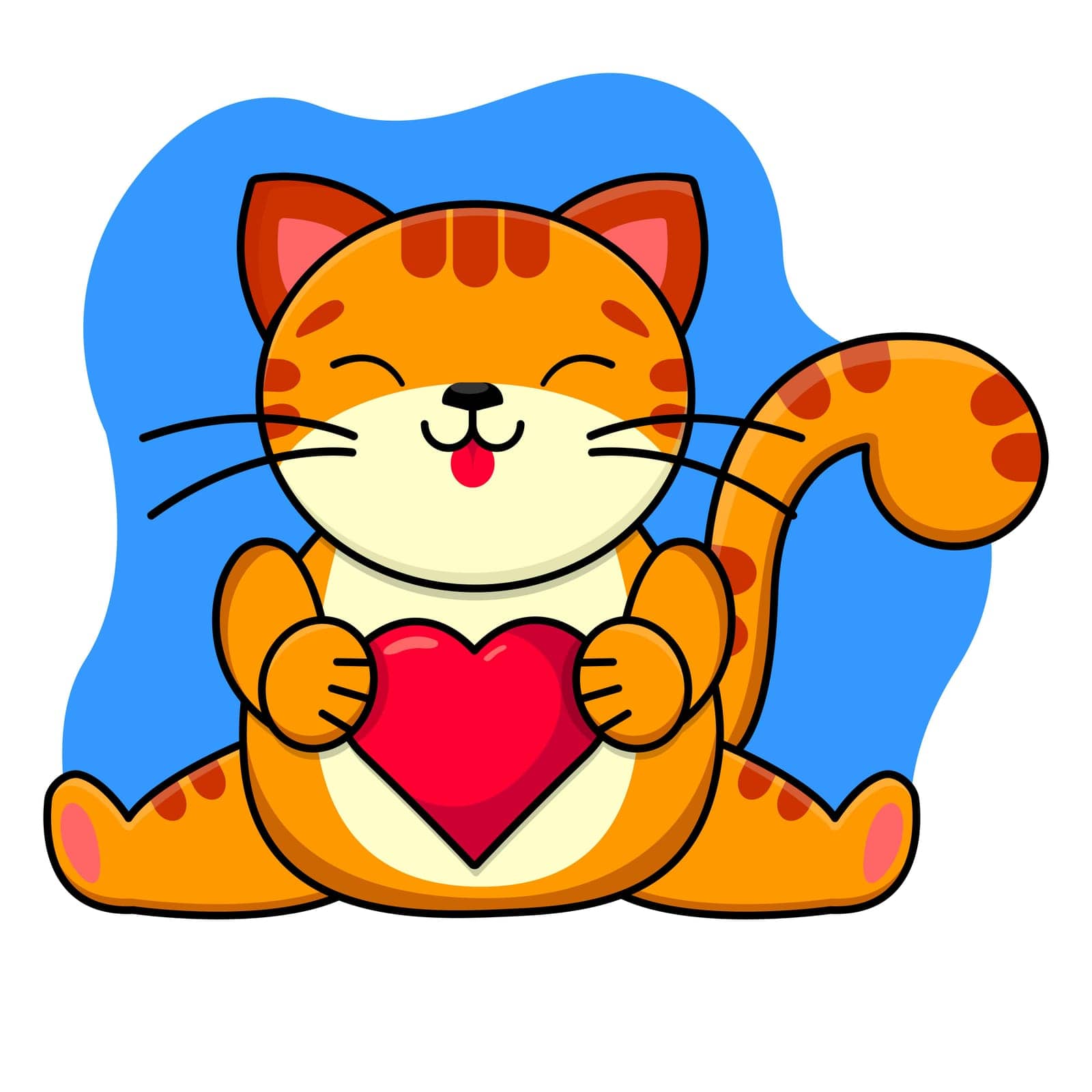 A ginger smiling cat holds a red heart in its paws. Childrens print. Vector illustration.