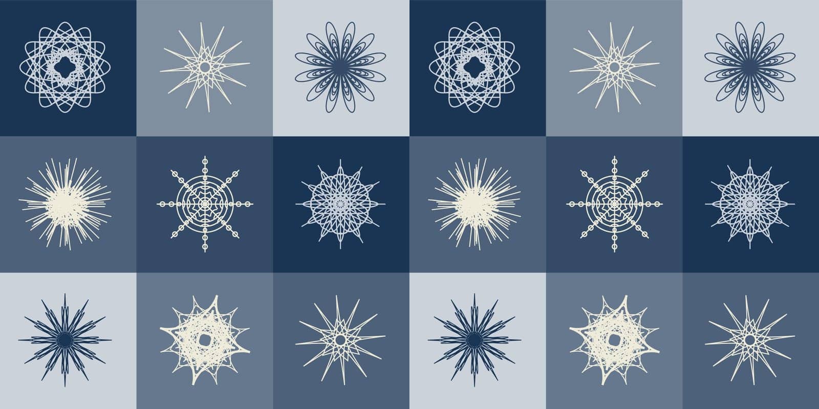 Seamless pattern of snowflakes in colored squares. Blue colors. Design of festive packaging, clothing fabric, wallpaper. Vector illustration.