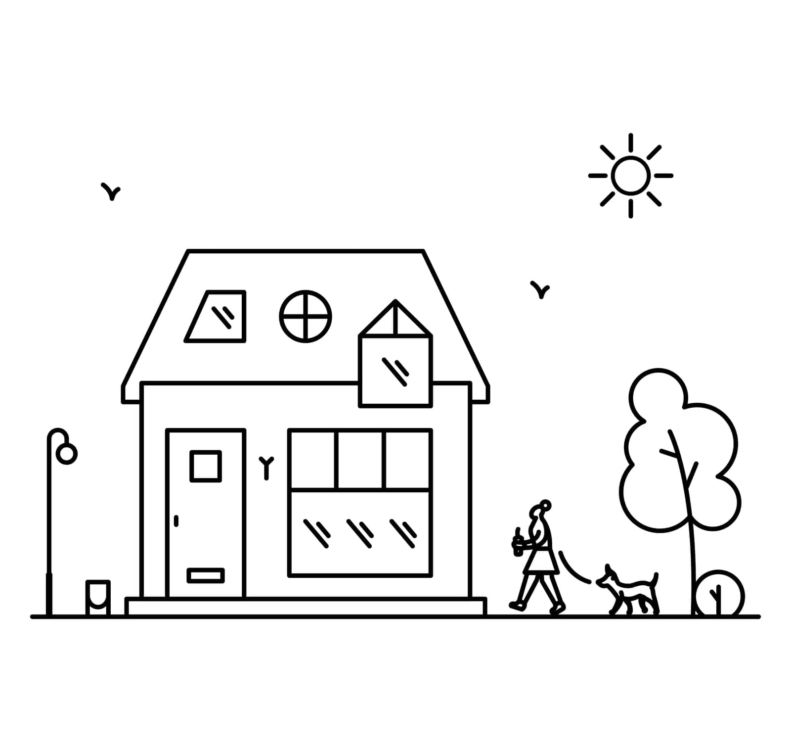 Neighborhood line art picture. Woman walking with the dog.
