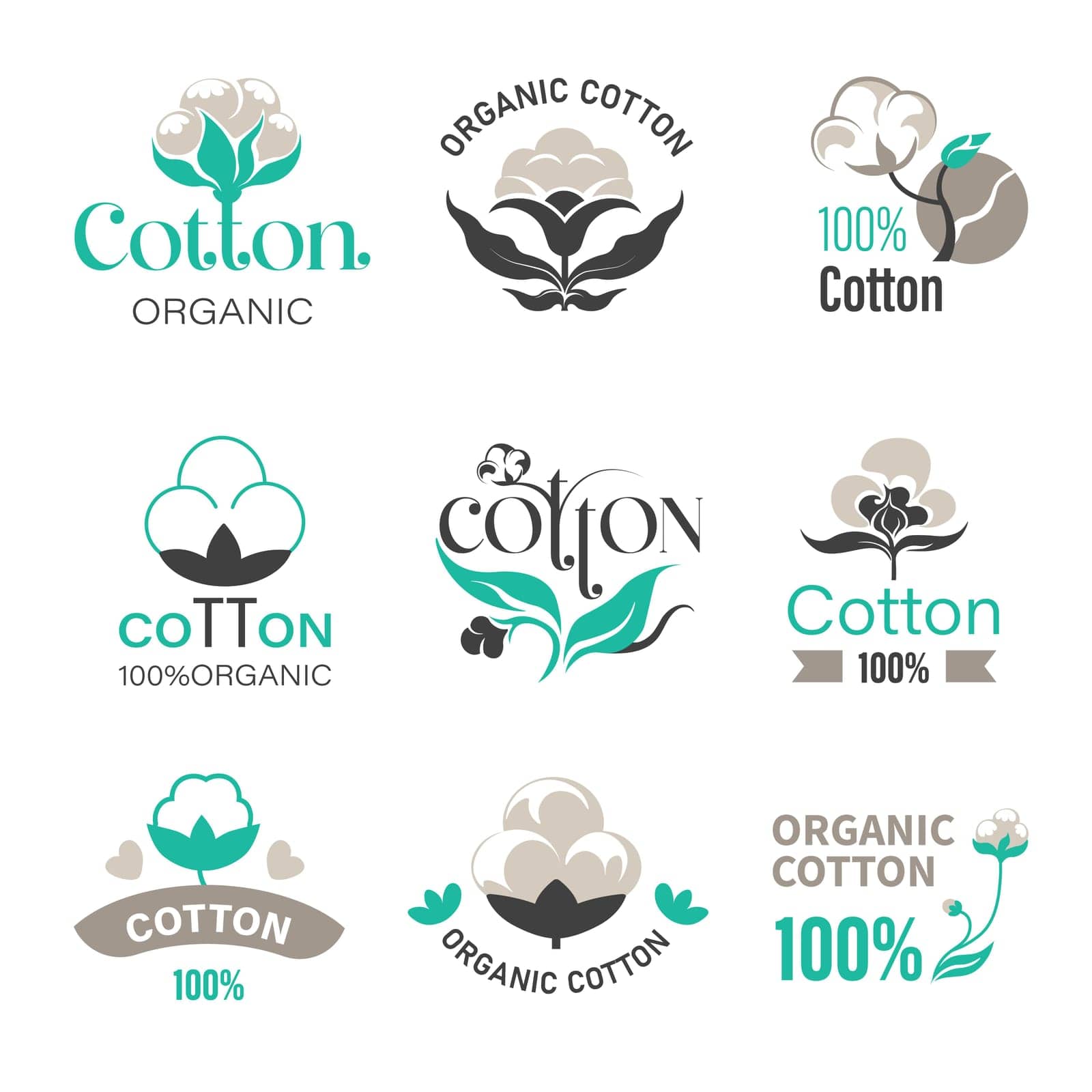 Natural and organic cotton production of textile and fabric. Plant with soft fluffy ball, stem and leaves. Growing field of flora. Promotional banner or logo, package sticker. Vector in flat style
