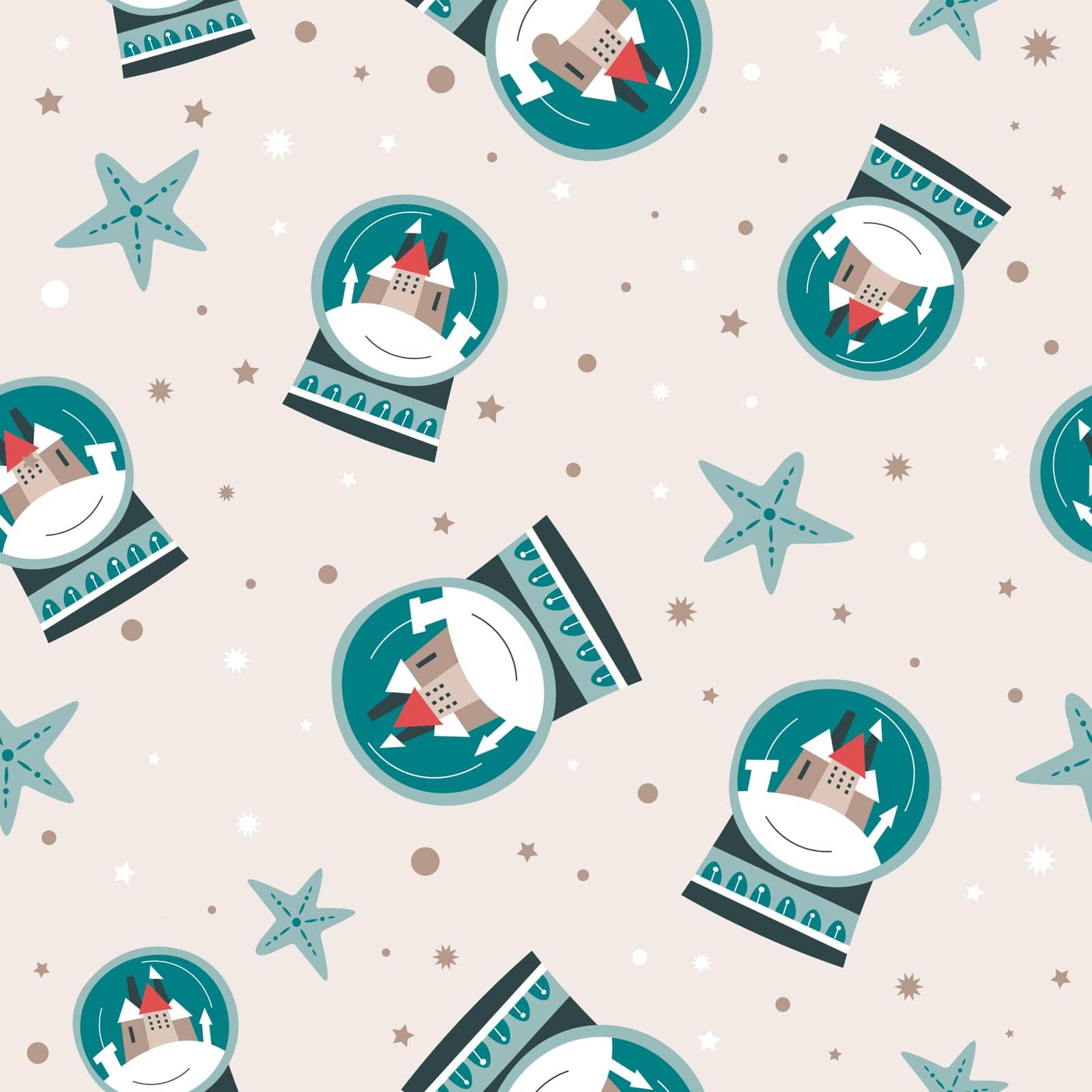 Merry Christmas and happy new year, winter holidays symbols and celebration traditions. Snow globe and stars wrapper for presents. Seamless pattern print, background wallpaper. Vector in flat style