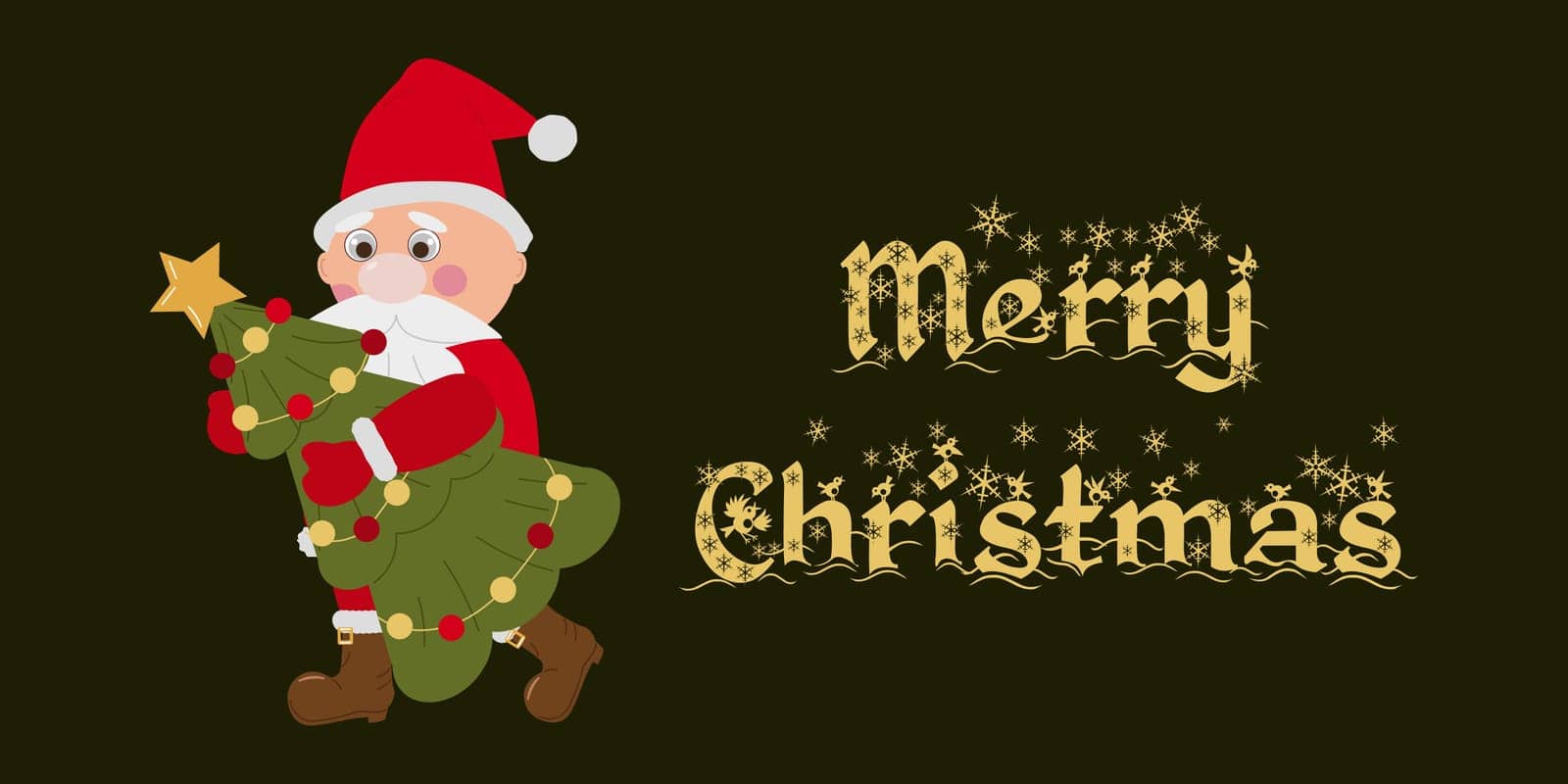 Santa Claus template a festive banner, flyer. Santa Claus is carrying a Christmas tree. Vector illustration.