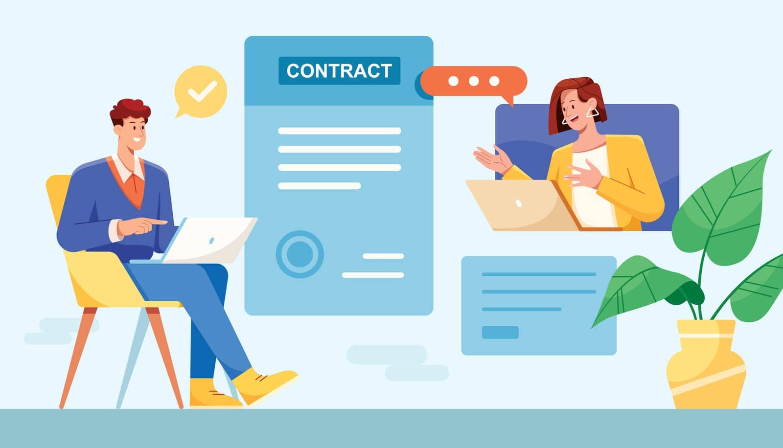 Flat design illustration with 2 people signing contract online.