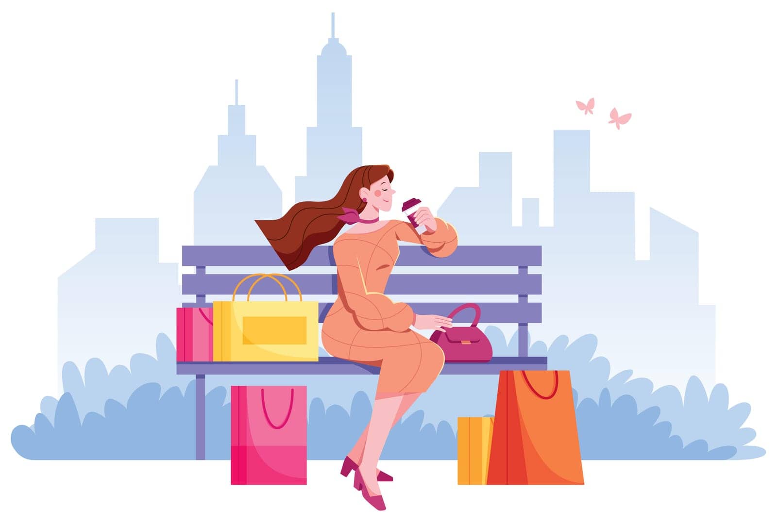 Flat design illustration with young woman resting on bench after a day of shopping.