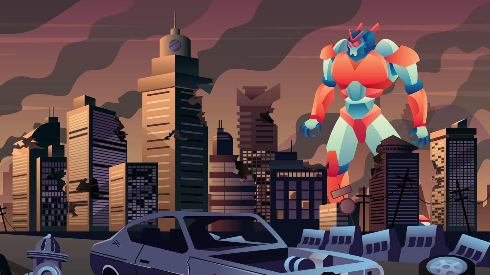 Giant robot walking in city in ruins. 