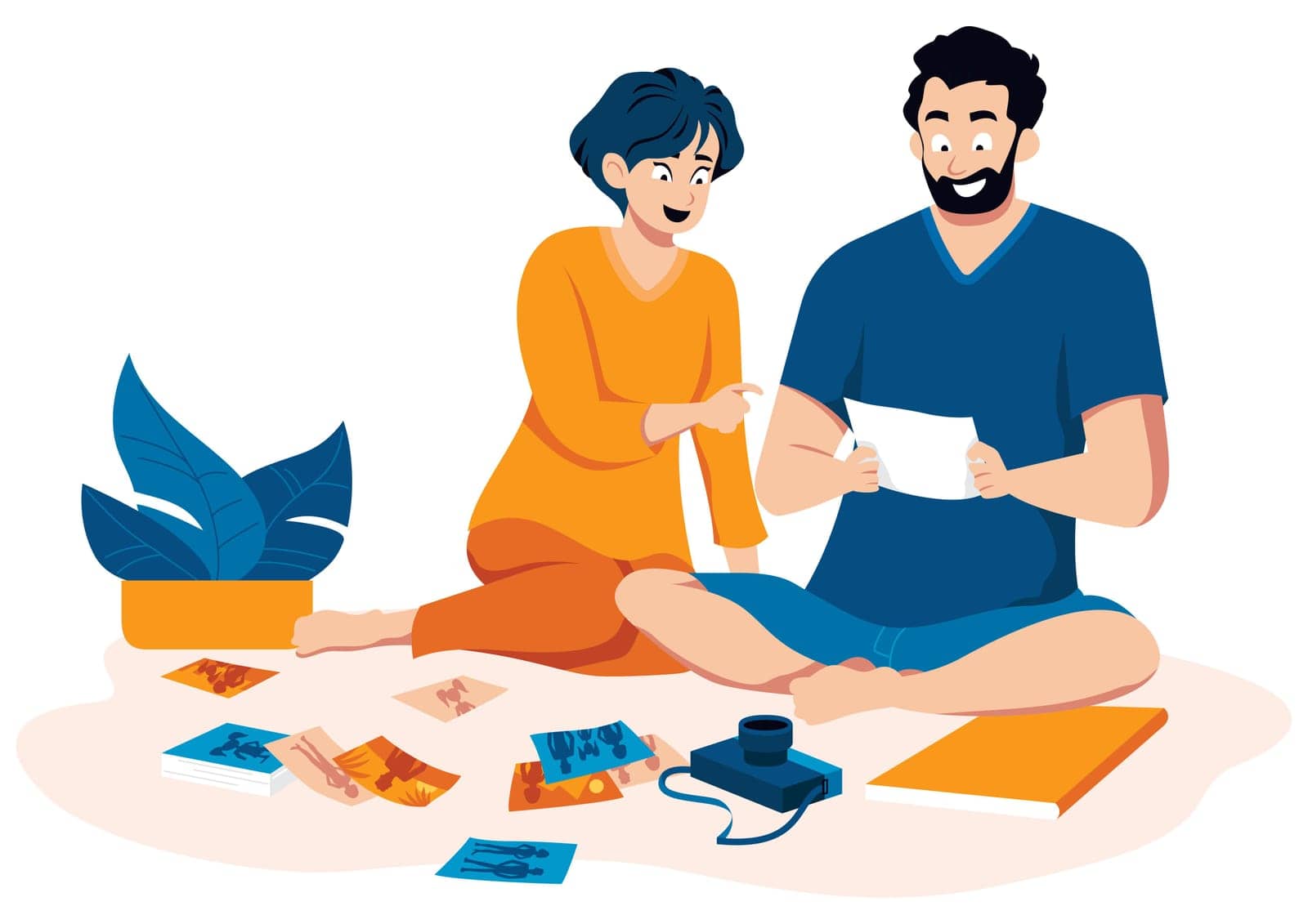 Flat design illustration with couple looking at old printed family photos. 