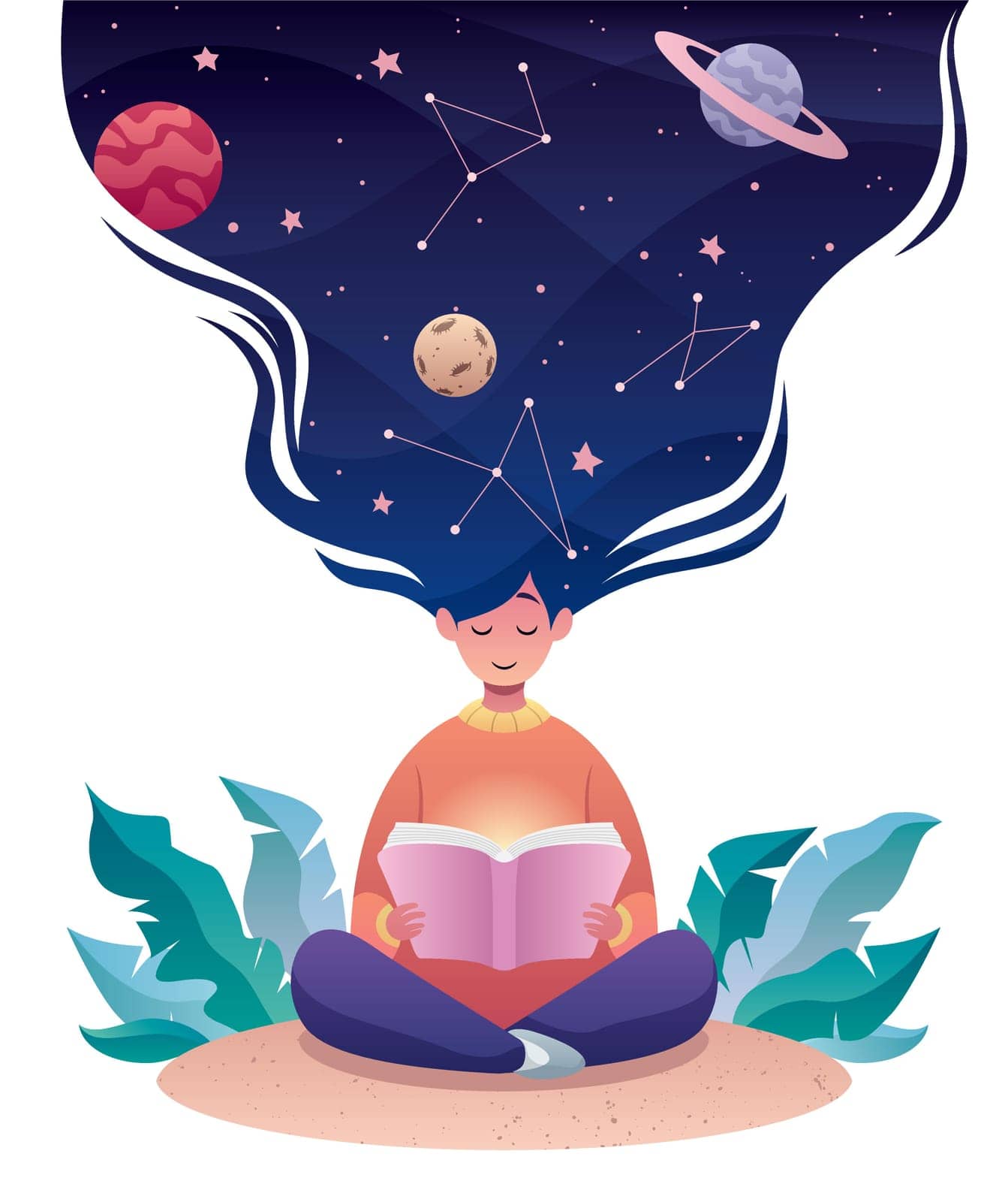 Flat design illustration of a young woman reading a book about astrology or astronomy.