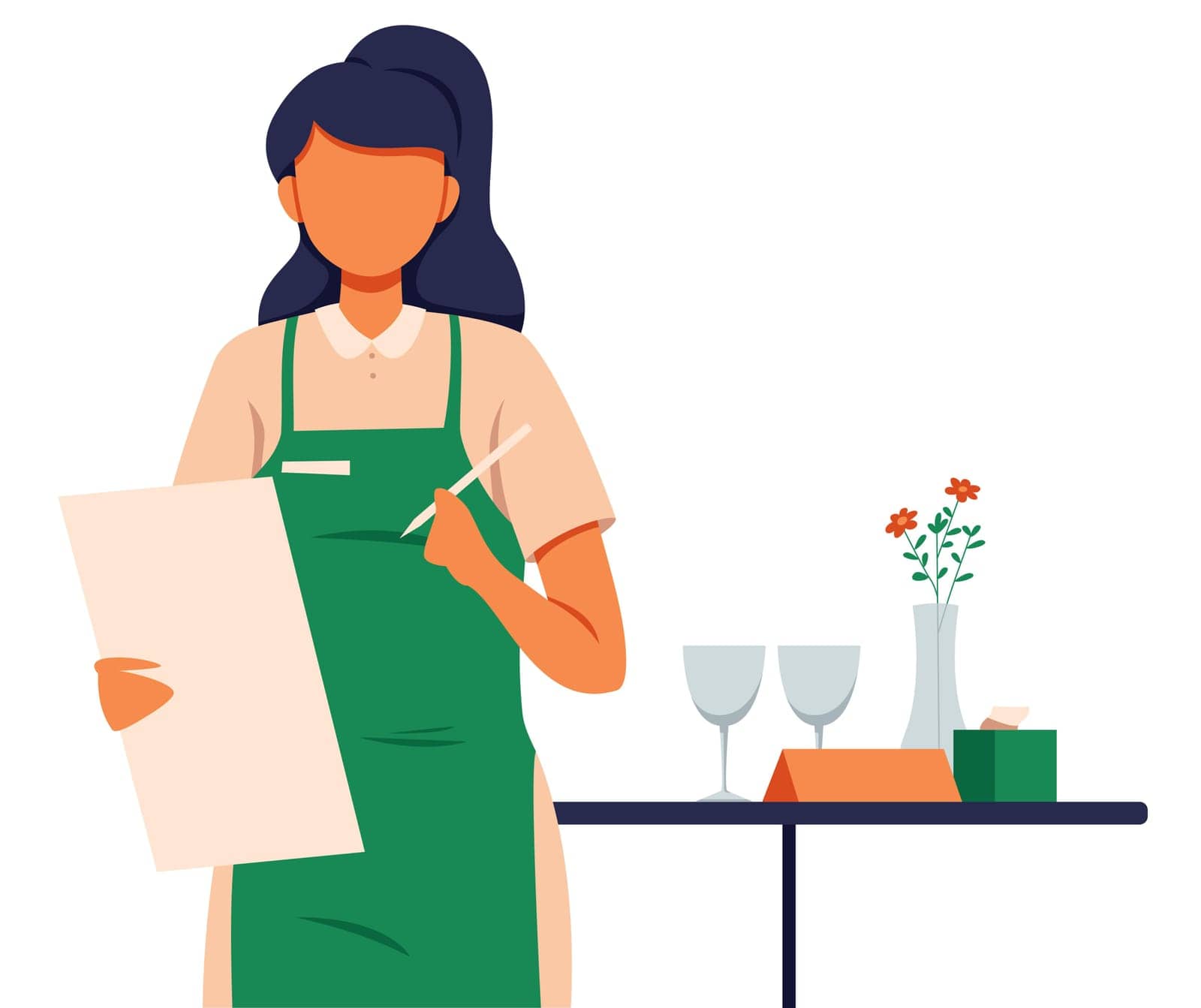  Flat design illustration of waitress taking order in a restaurant.