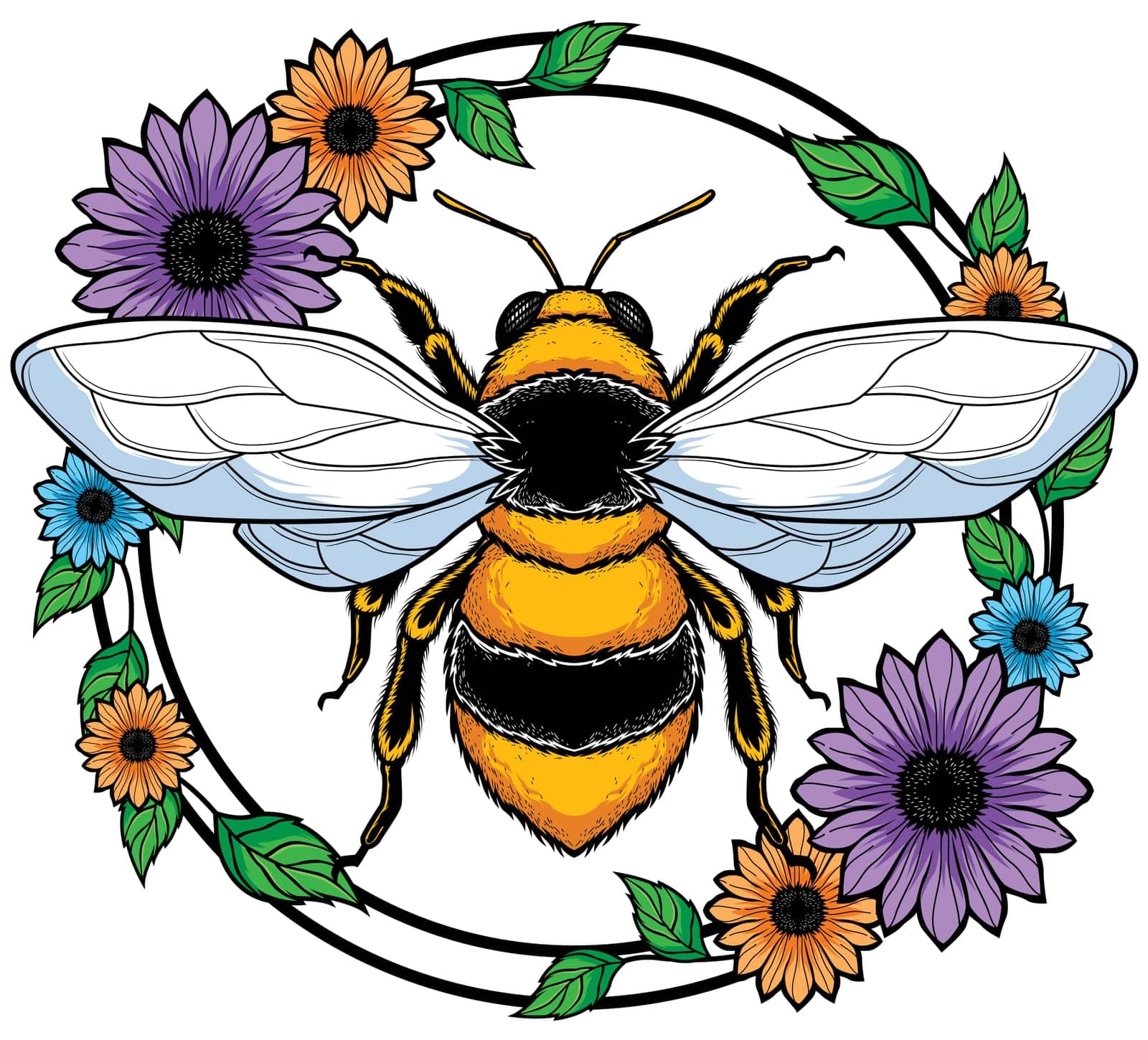 Mascot illustration of honey bee on some flowers and isolated on white background. 