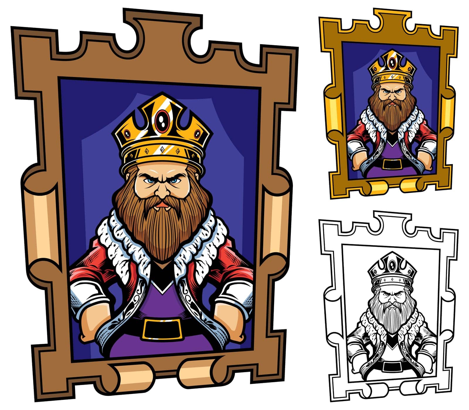 King portrait mascot or logo in 3 versions.