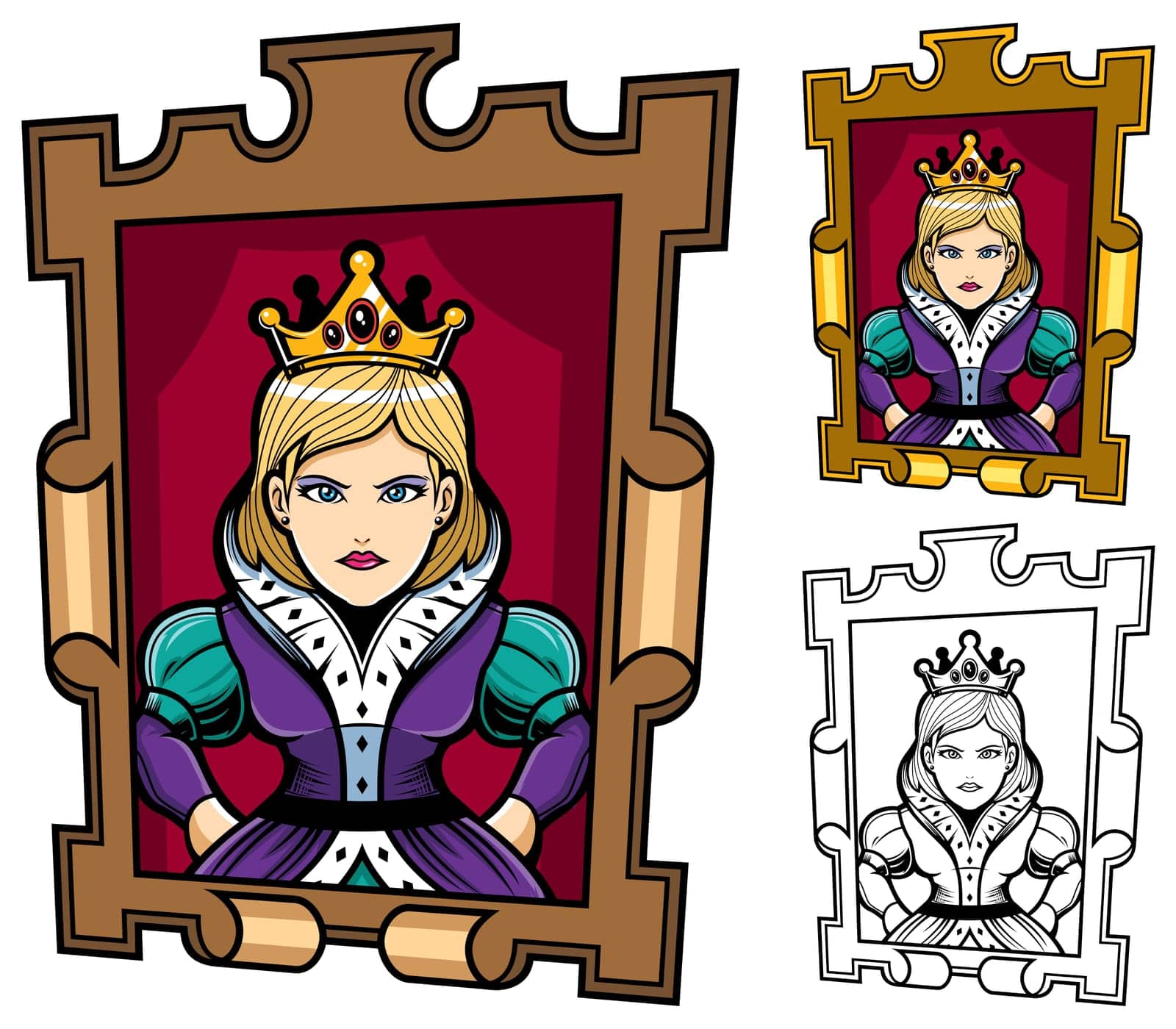 Queen portrait mascot or logo in 3 versions.