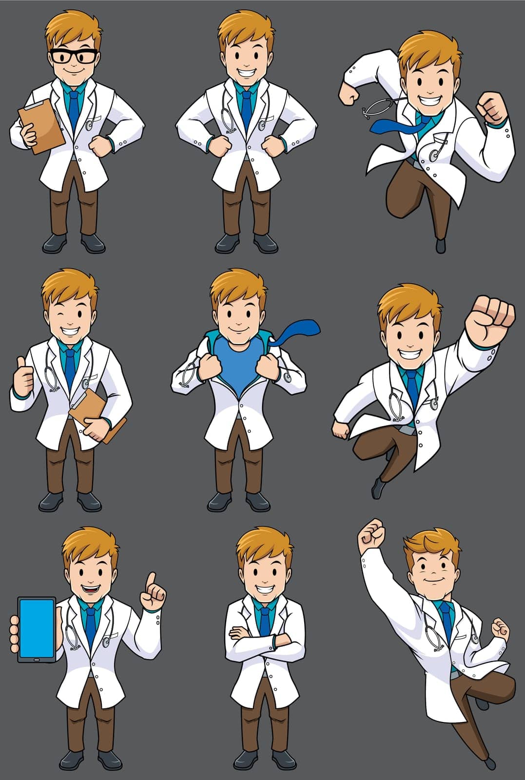Set with cartoon medical doctor in different poses.