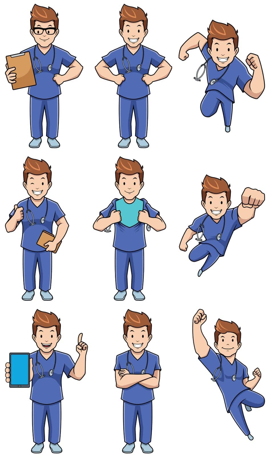 Set with cartoon male medical nurse in different poses.