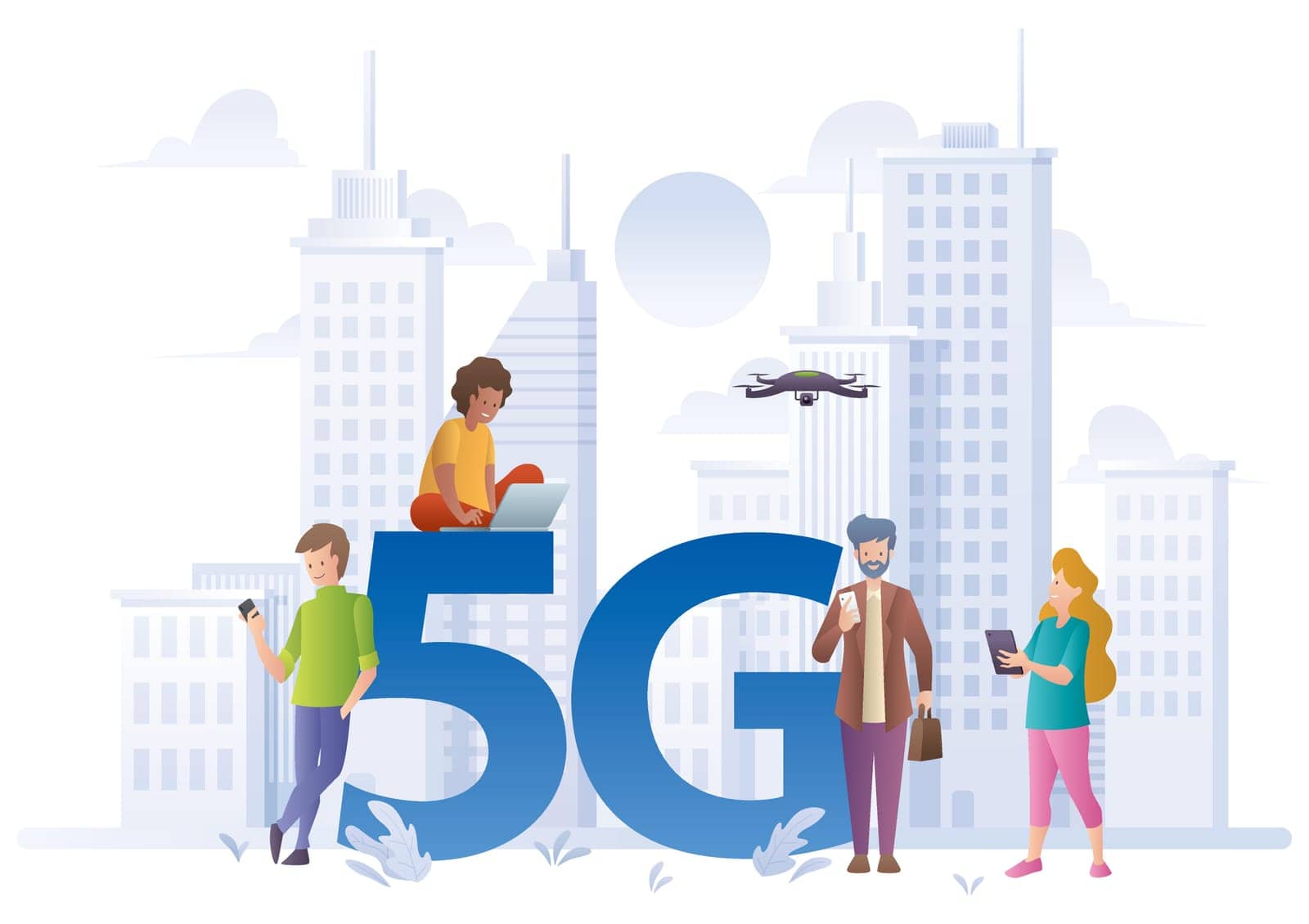 Flat design concept illustration for 5G technology, with people using gadgets with high-speed internet.