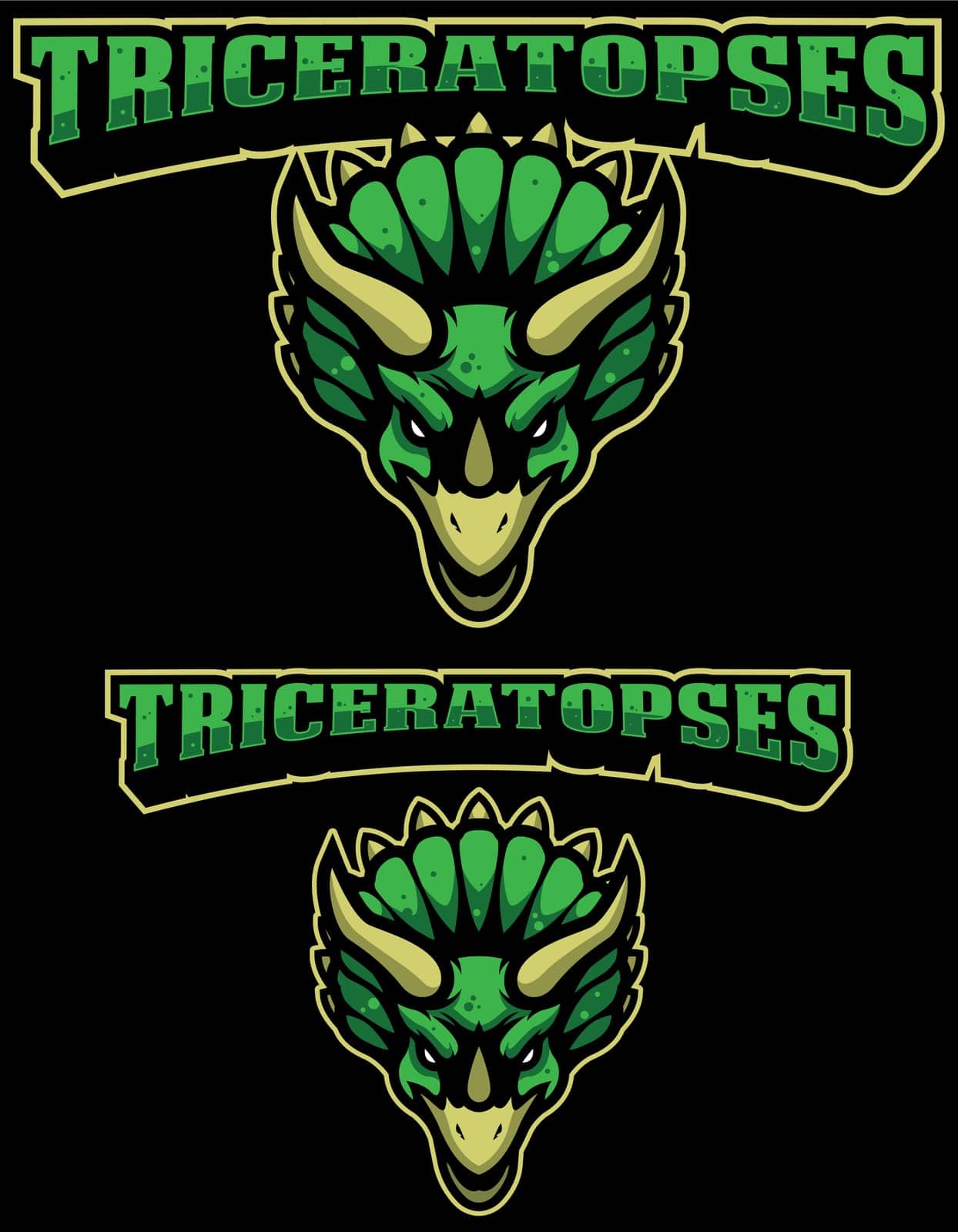 Angry green triceratops dinosaur mascot in 3 versions.