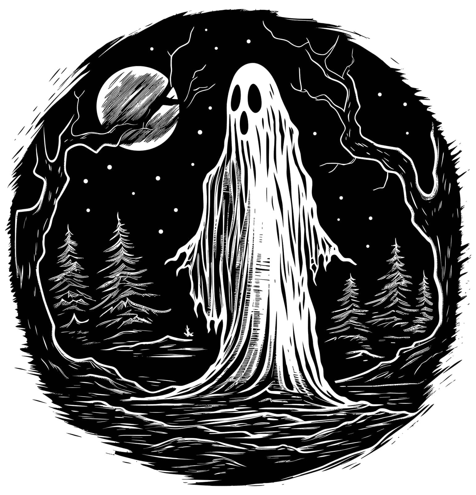Woodcut style illustration of spooky ghost wandering in haunted forest.