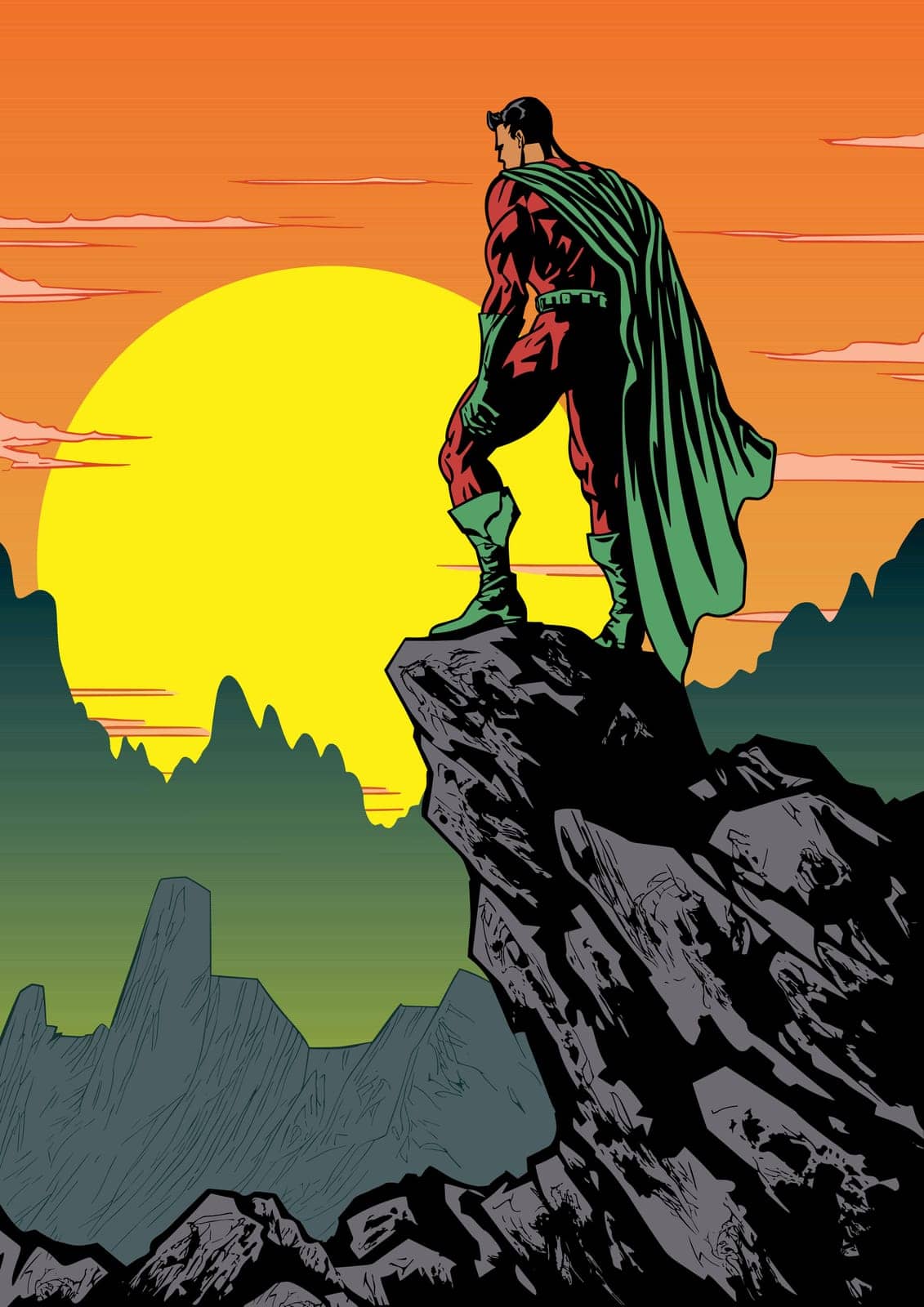 Comic book style superhero standing on the edge of a cliff, looking down and reminiscing during sunset.