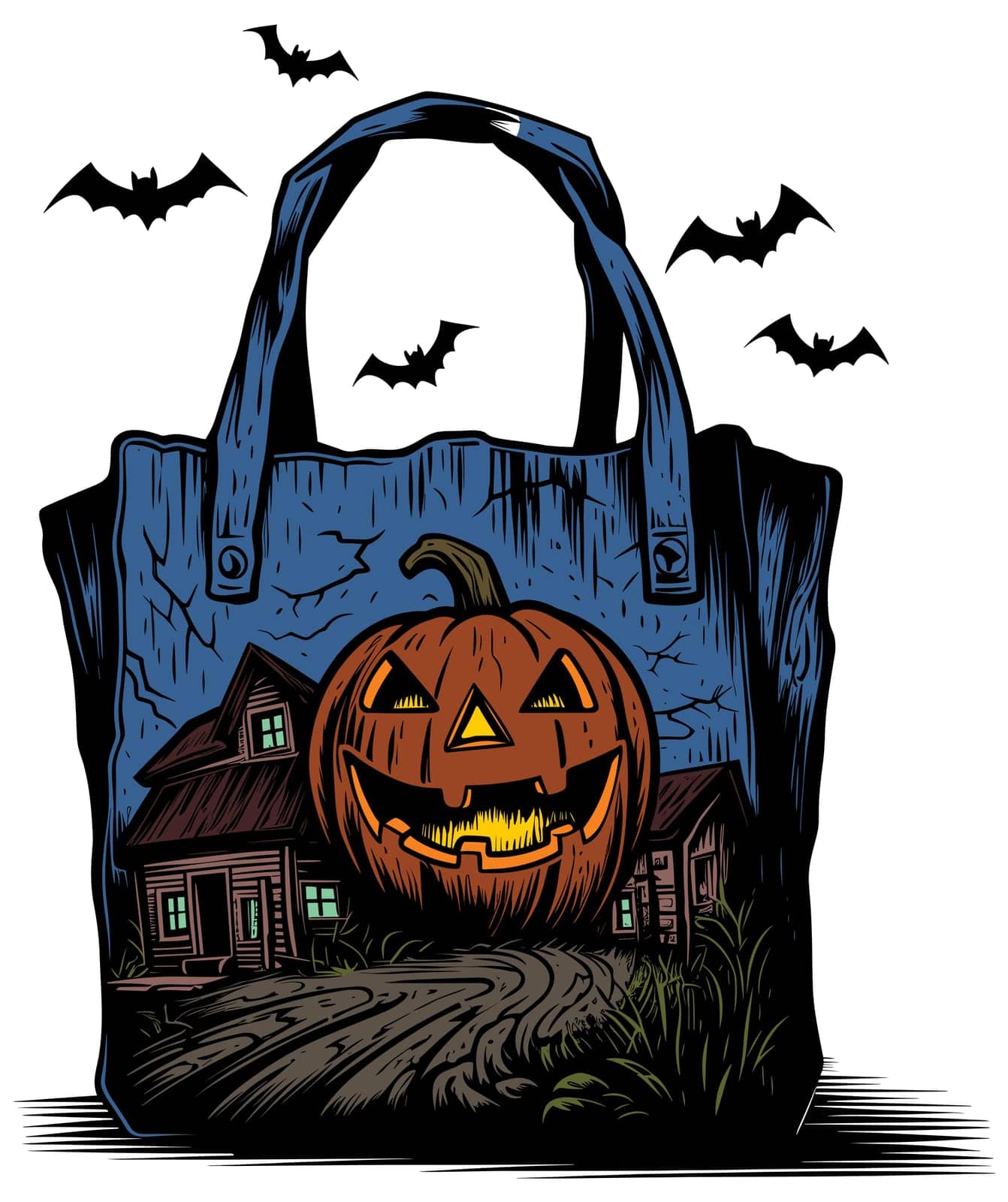 Illustration of spooky trick or treat bag on white background.