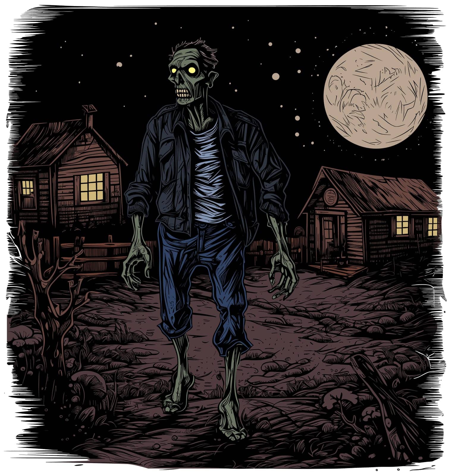 Illustration of creepy zombie wandering around at night.