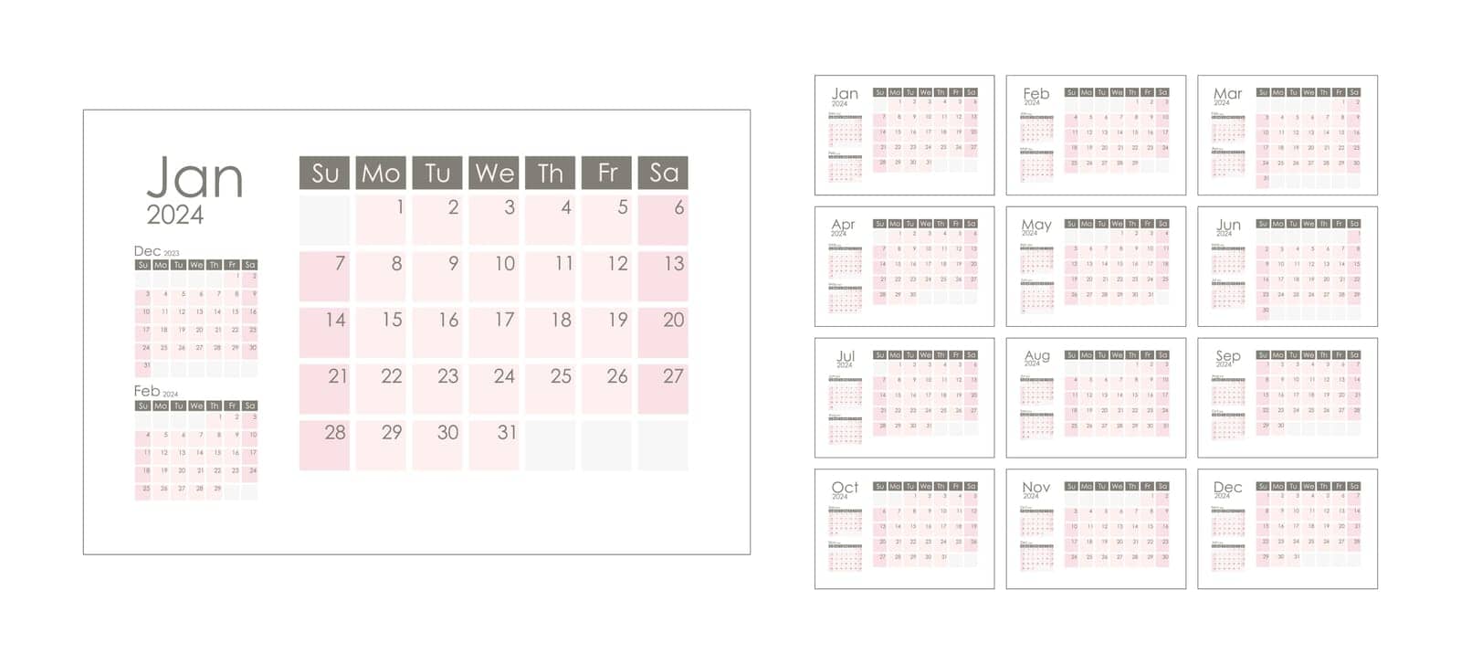 Calendar 2024 horizontal.  Week starts on Sunday. With previous and next month miniature. Graphic design. Vector illustration.