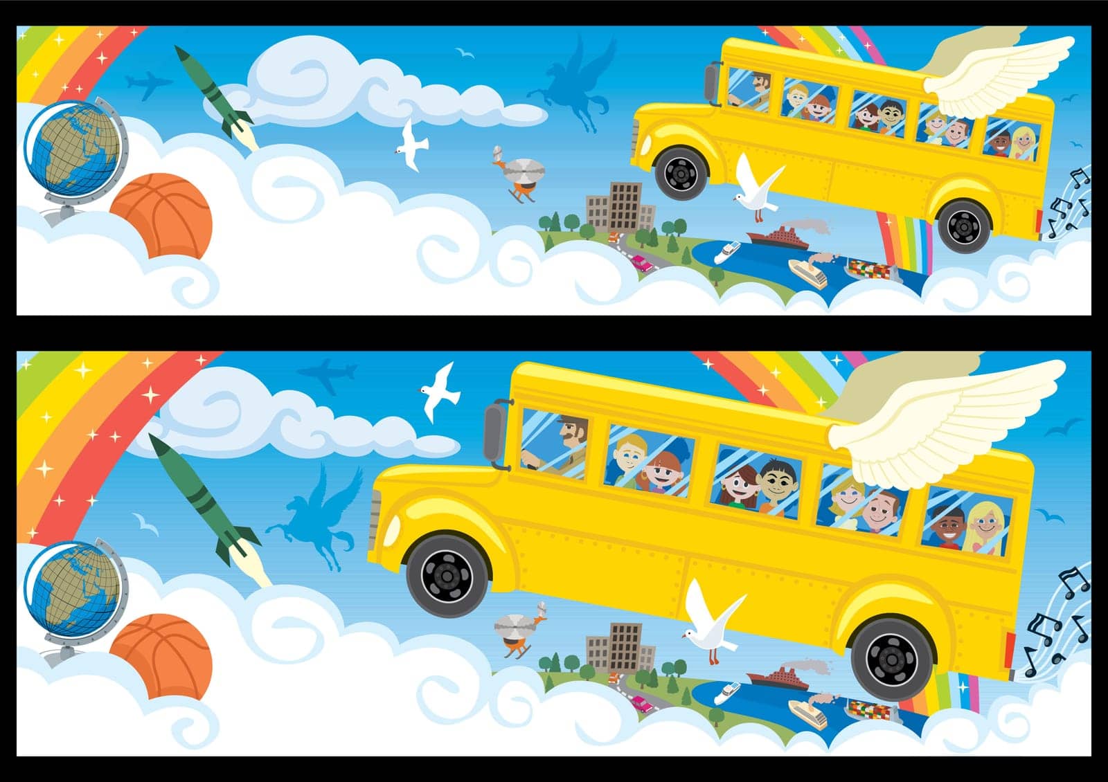 Cartoon banner in two versions differing by proportions. 
You can extend the white part of the clouds downwards as much as you need. 
