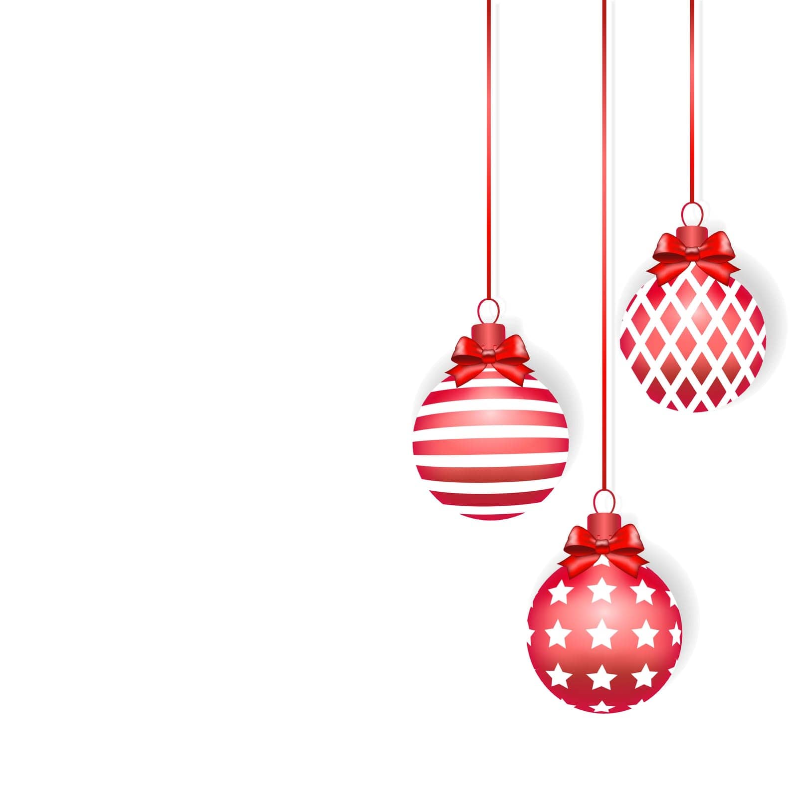 Christmas background with 3 red christmas balls on the rope. Copy space. Vector design.