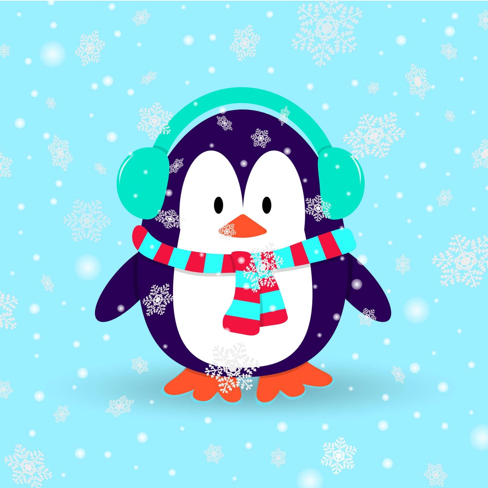 Penguin in wintertime with earmuffs and scarf and snowflakes falling down. Cartoon vector design. 