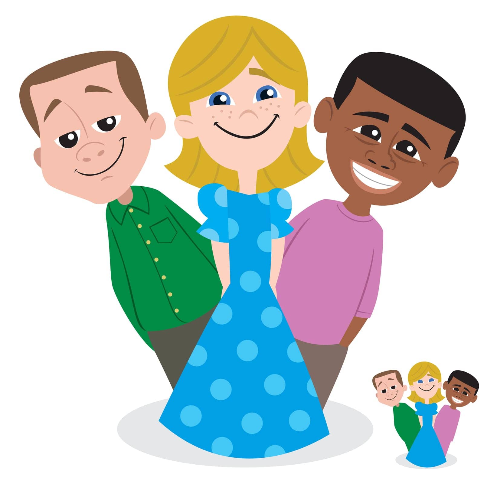 Three kids. In the lower right corner is a simplified version of the image, which can be used as an icon. 