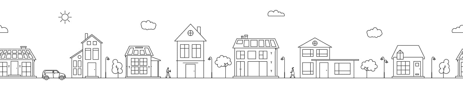 Seamless web banner with Neighborhood line art vector illustration. Cityscape with monochrome residential buildings and solar panels on roofs