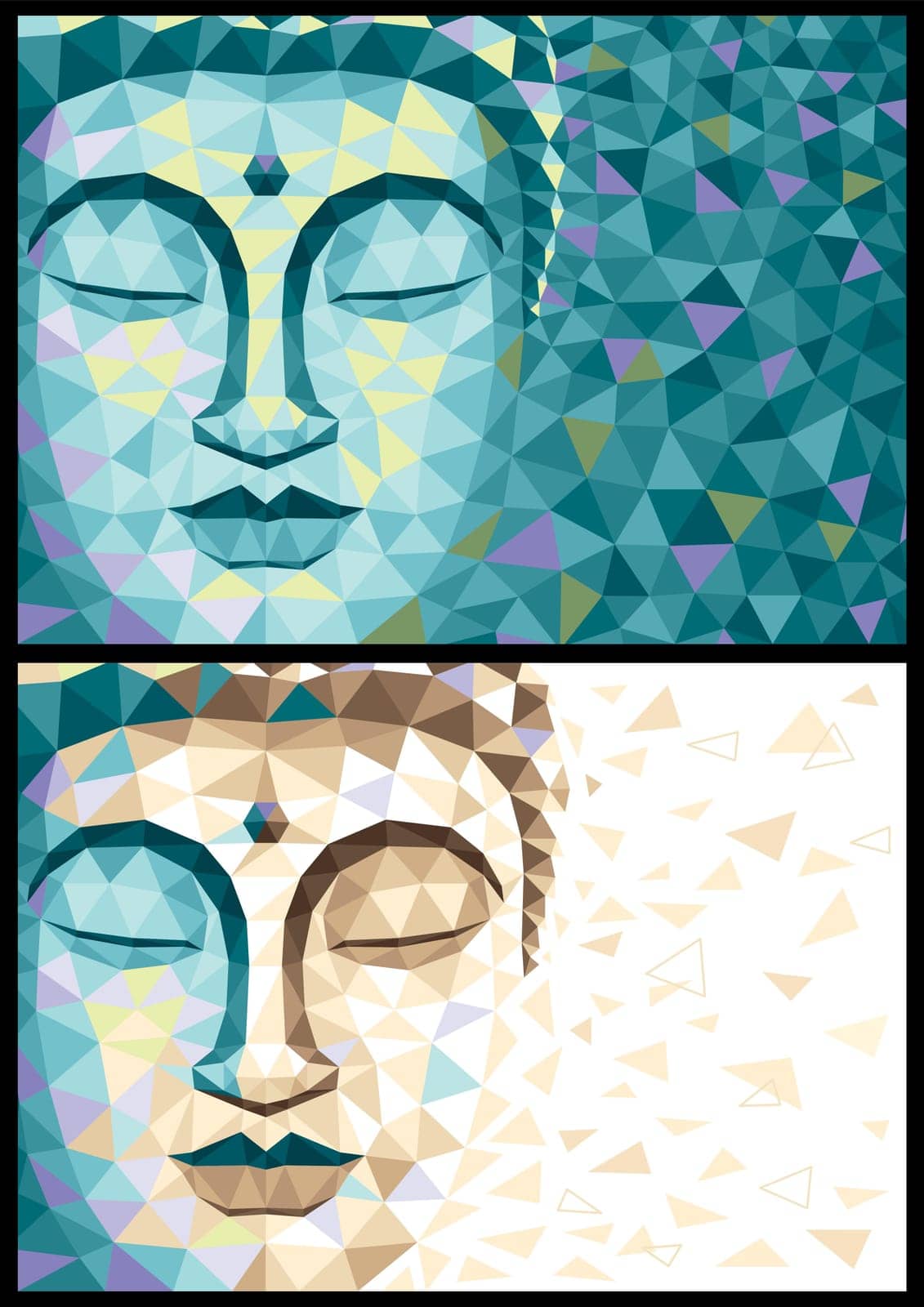 Abstract illustration of Buddha in 2 versions. No transparency and gradients used.